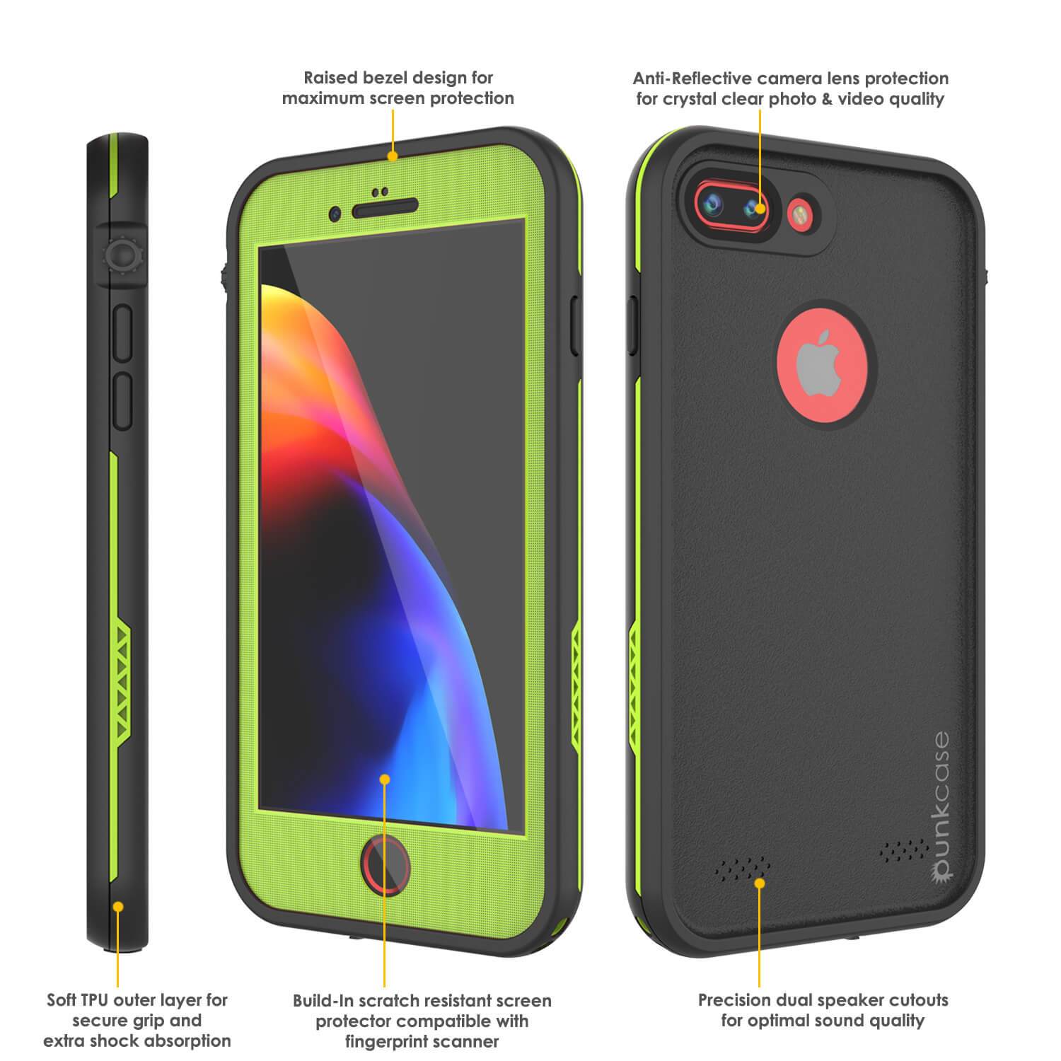 iPhone 7+ Plus Waterproof Case, Punkcase SpikeStar Light-Green Series | Thin Fit 6.6ft Underwater IP68