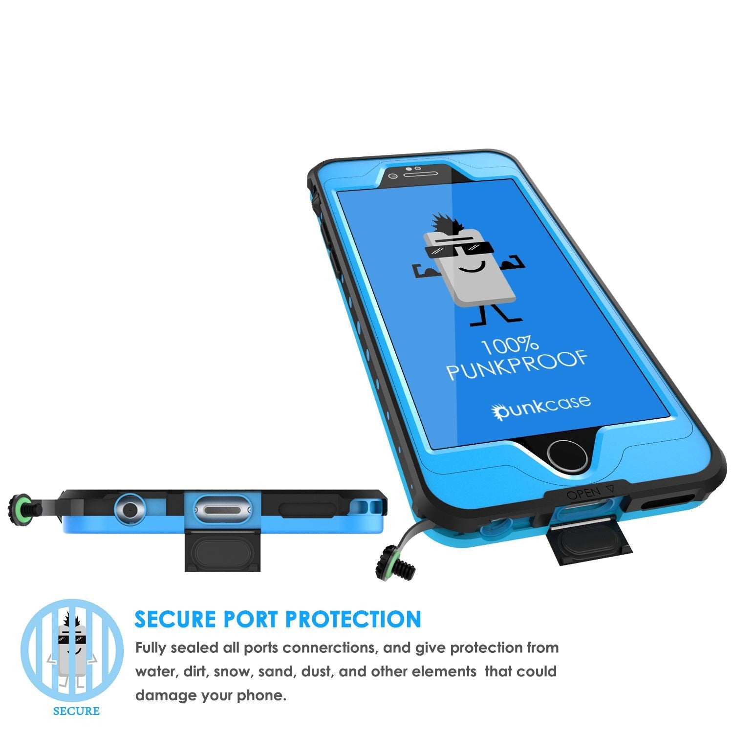 iPhone 6S+/6+ Plus Waterproof Case, PUNKcase StudStar Light Blue w/ Attached Screen Protector