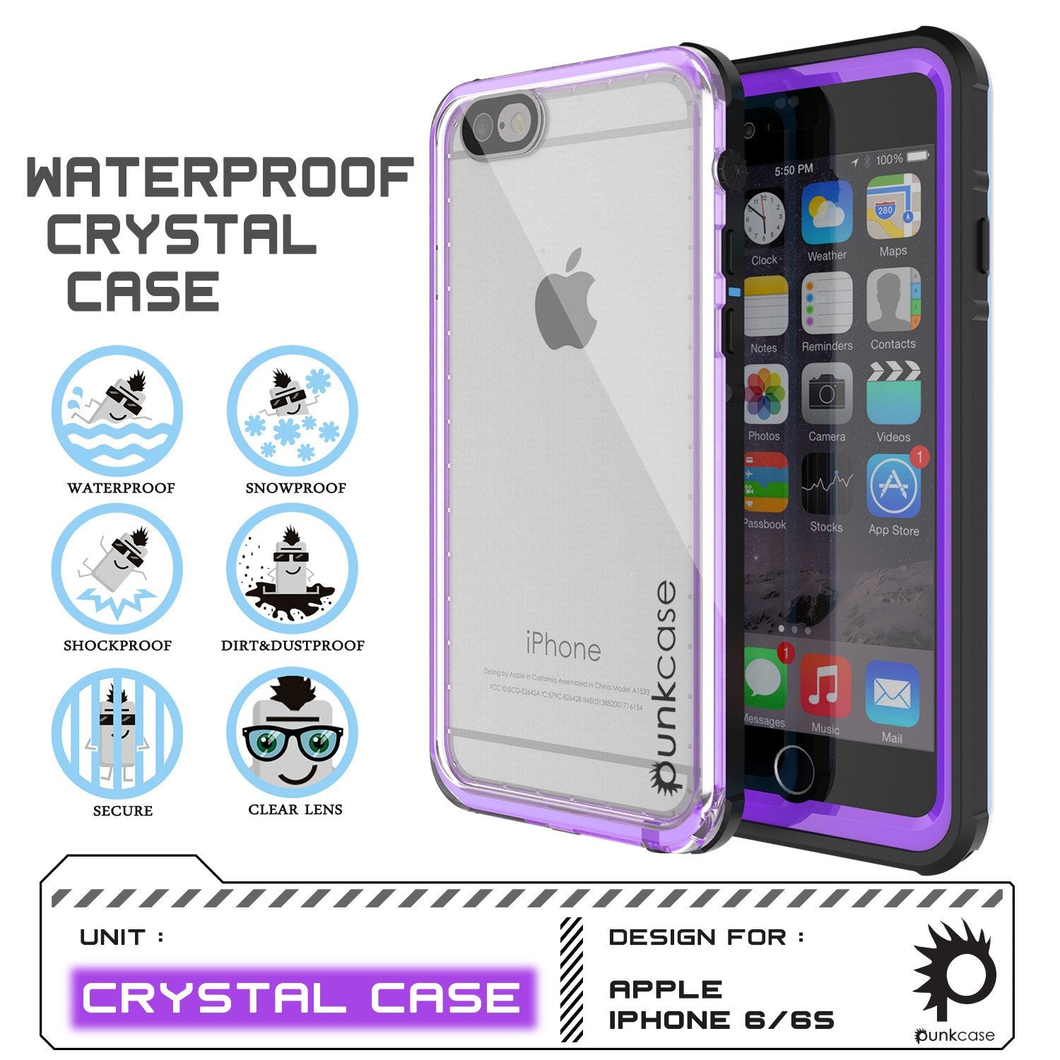 iPhone 6/6S Waterproof Case, PUNKcase CRYSTAL Purple W/ Attached Screen Protector  | Warranty