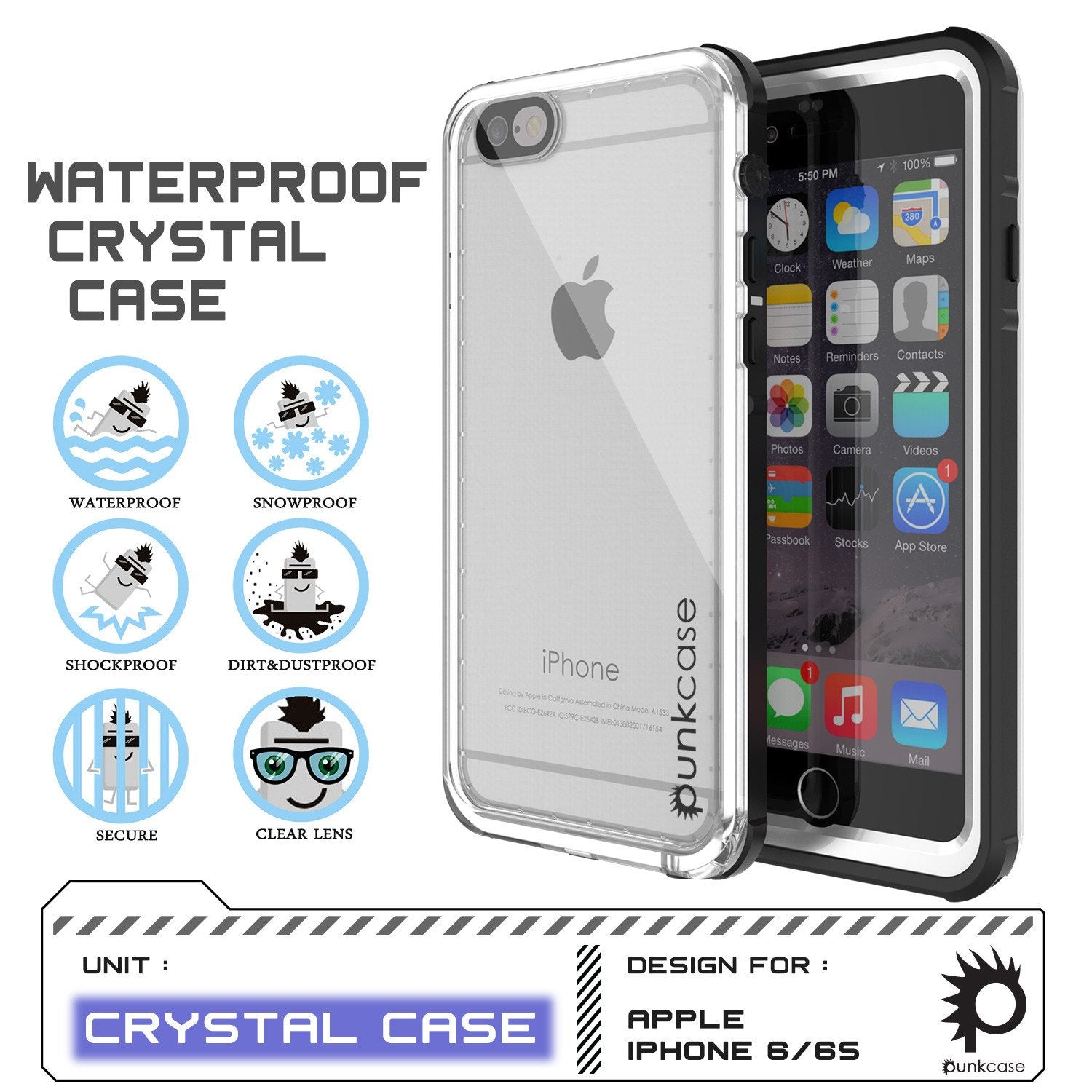 iPhone 6+/6S+ Plus Waterproof Case, PUNKcase CRYSTAL White W/ Attached Screen Protector | Warranty