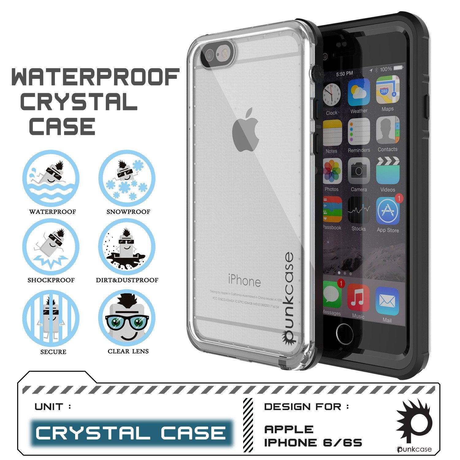 iPhone 6+/6S+ Plus Waterproof Case, PUNKcase CRYSTAL Black W/ Attached Screen Protector | Warranty