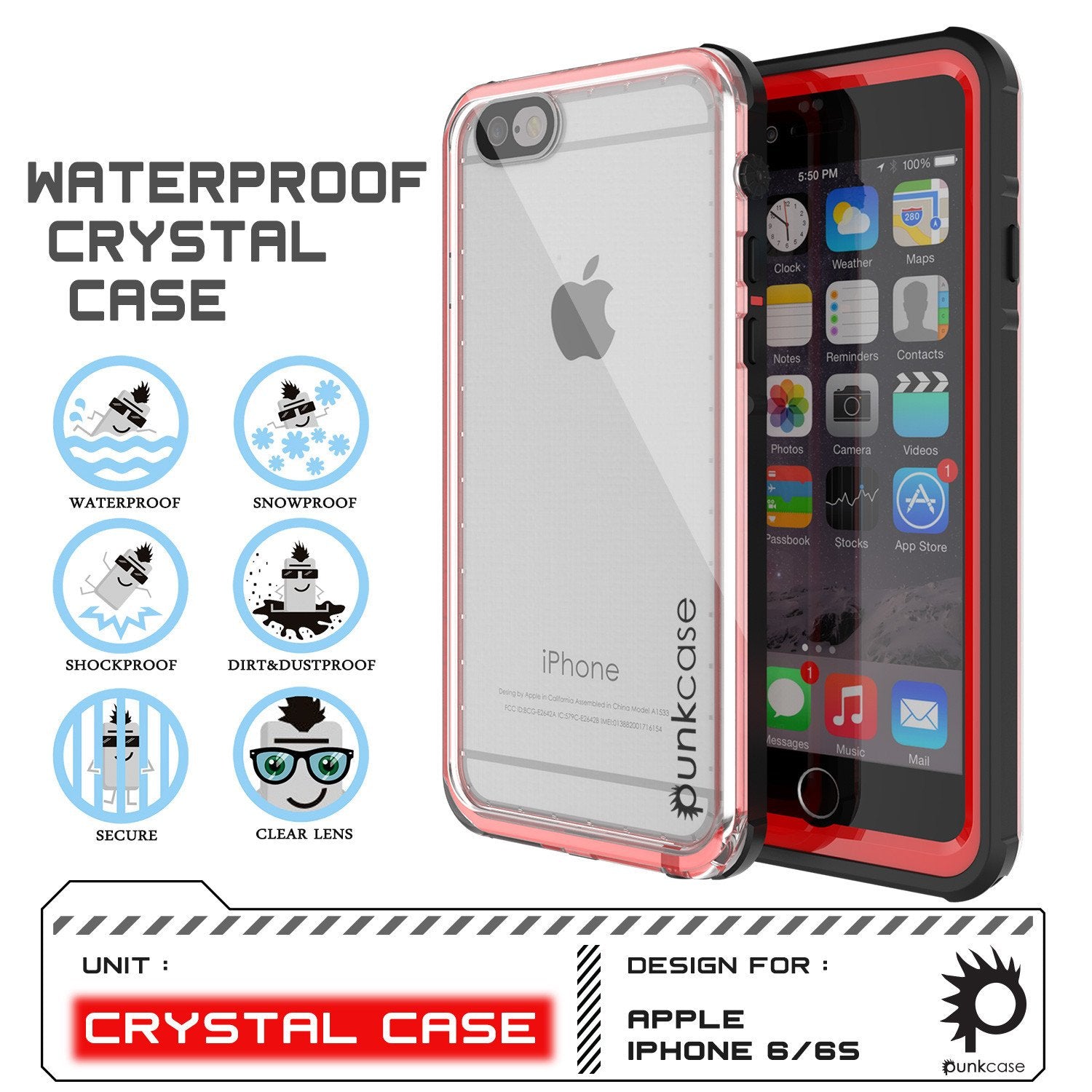 iPhone 6+/6S+ Plus Waterproof Case, PUNKcase CRYSTAL Red W/ Attached Screen Protector | Warranty