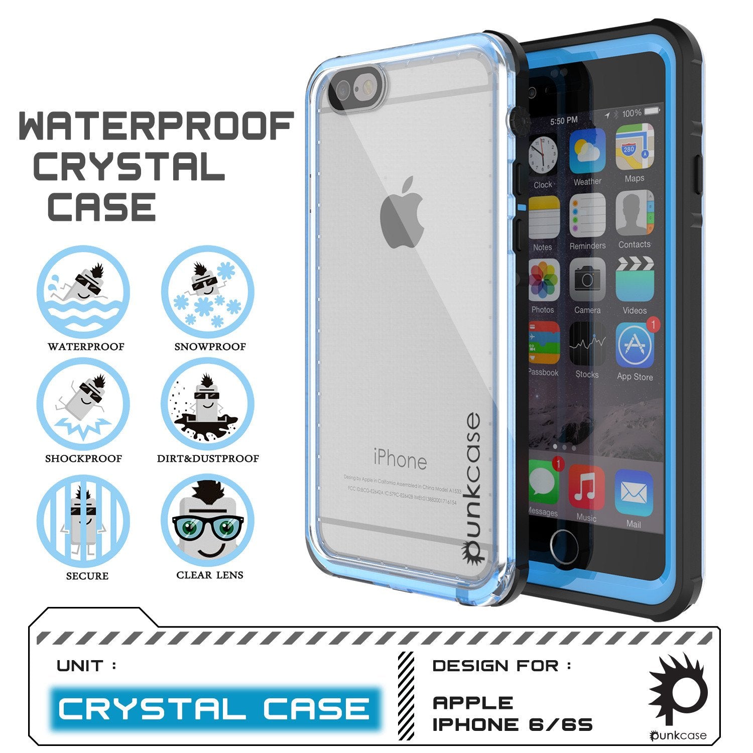 iPhone 6/6S Waterproof Case, PUNKcase CRYSTAL Light Blue  W/ Attached Screen Protector  | Warranty