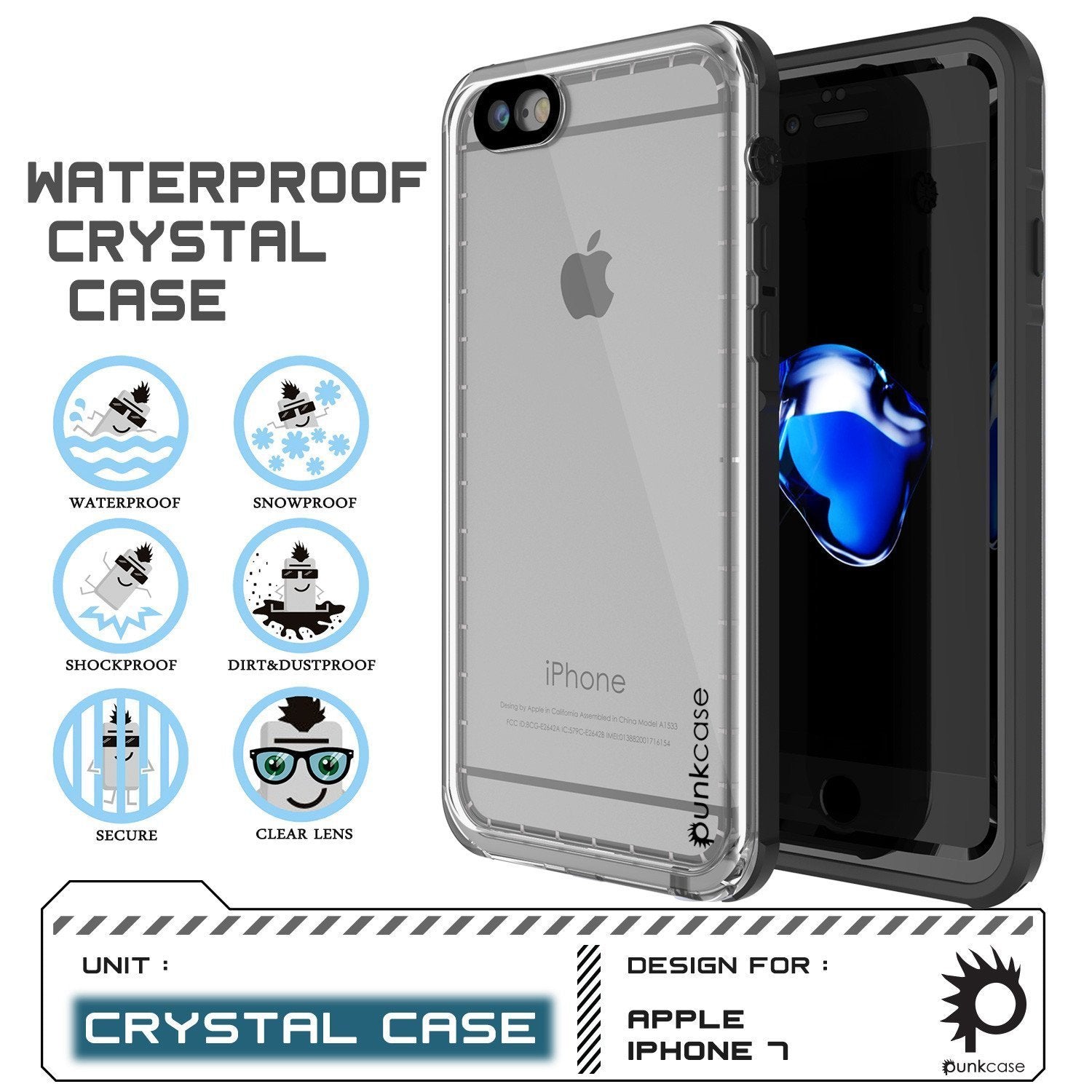 Apple iPhone 8 Waterproof Case, PUNKcase CRYSTAL Black W/ Attached Screen Protector  | Warranty