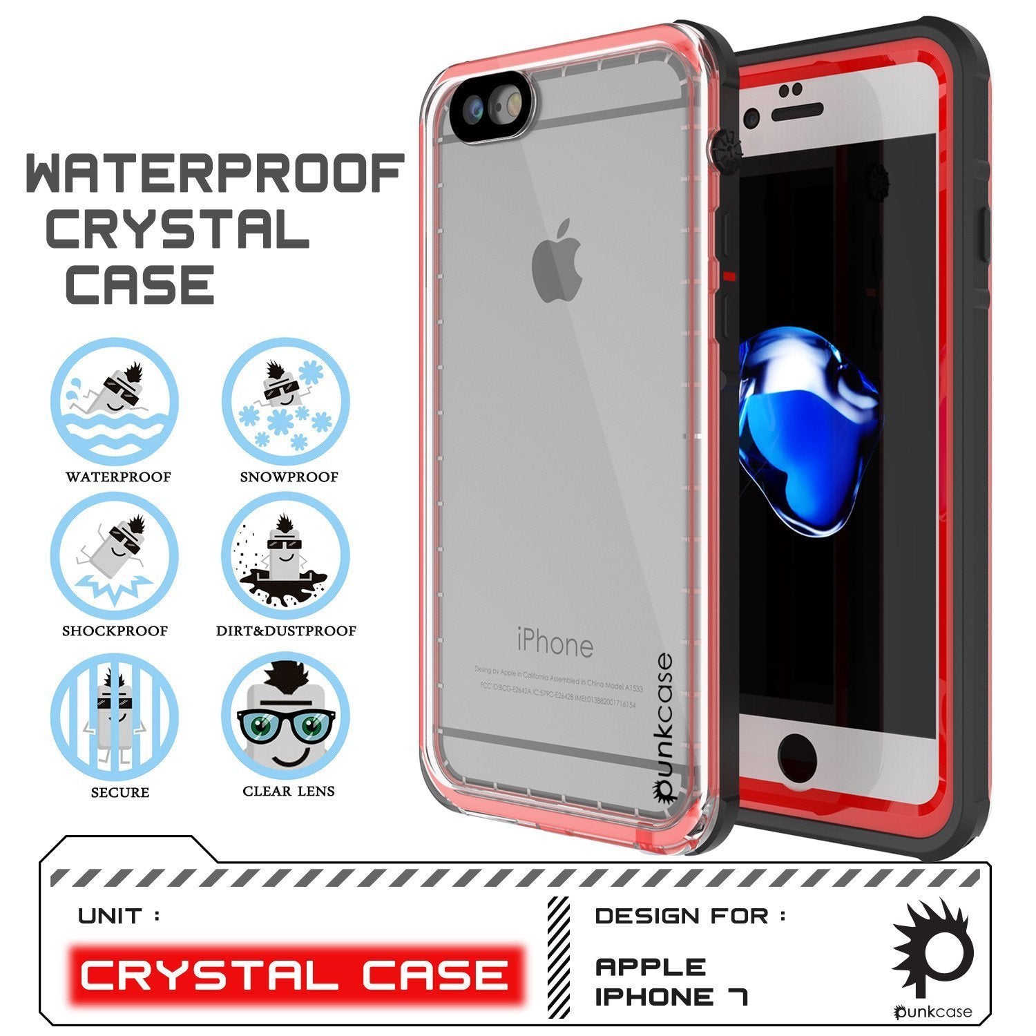 Apple iPhone 8 Waterproof Case, PUNKcase CRYSTAL Red W/ Attached Screen Protector  | Warranty
