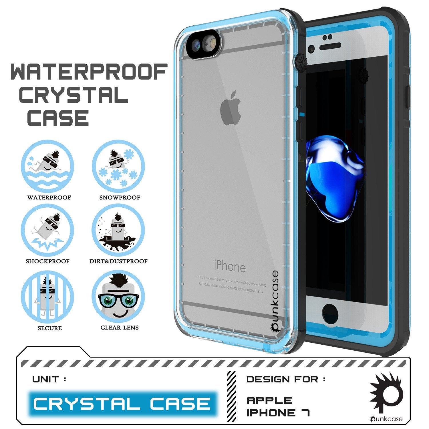 Apple iPhone 7 Waterproof Case, PUNKcase CRYSTAL Light Blue  W/ Attached Screen Protector  | Warranty