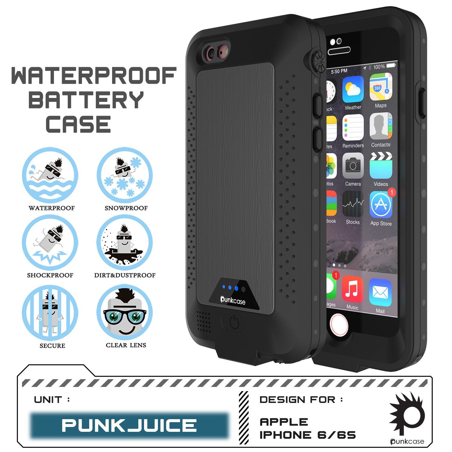 PunkJuice iPhone 6/6s Battery Case Black Waterproof Power Juice Bank w/ 2750mAh  | Fastcharging