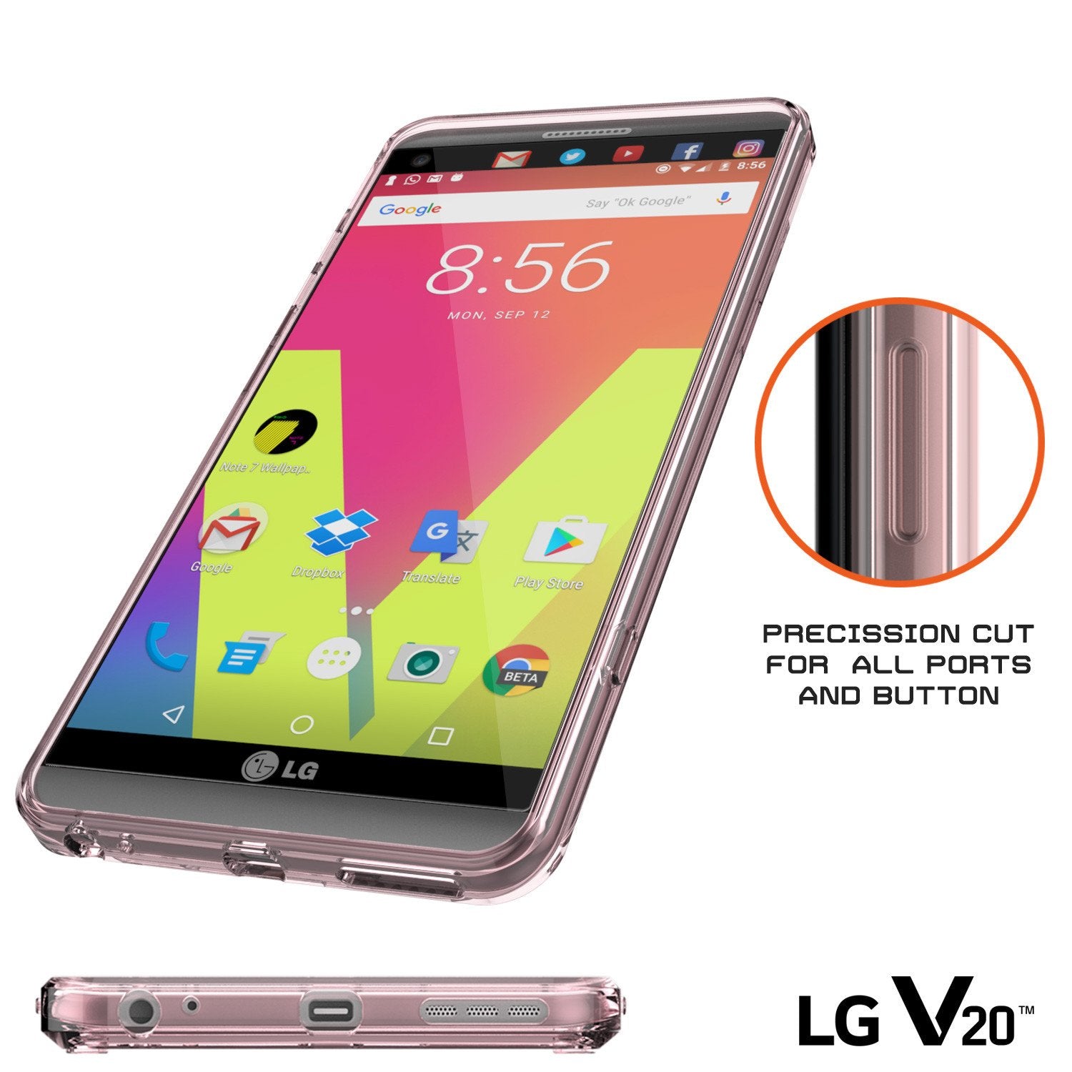 LG v20 Case Punkcase® LUCID 2.0 Crystal Pink Series w/ PUNK SHIELD Glass Screen Protector | Ultra Fit