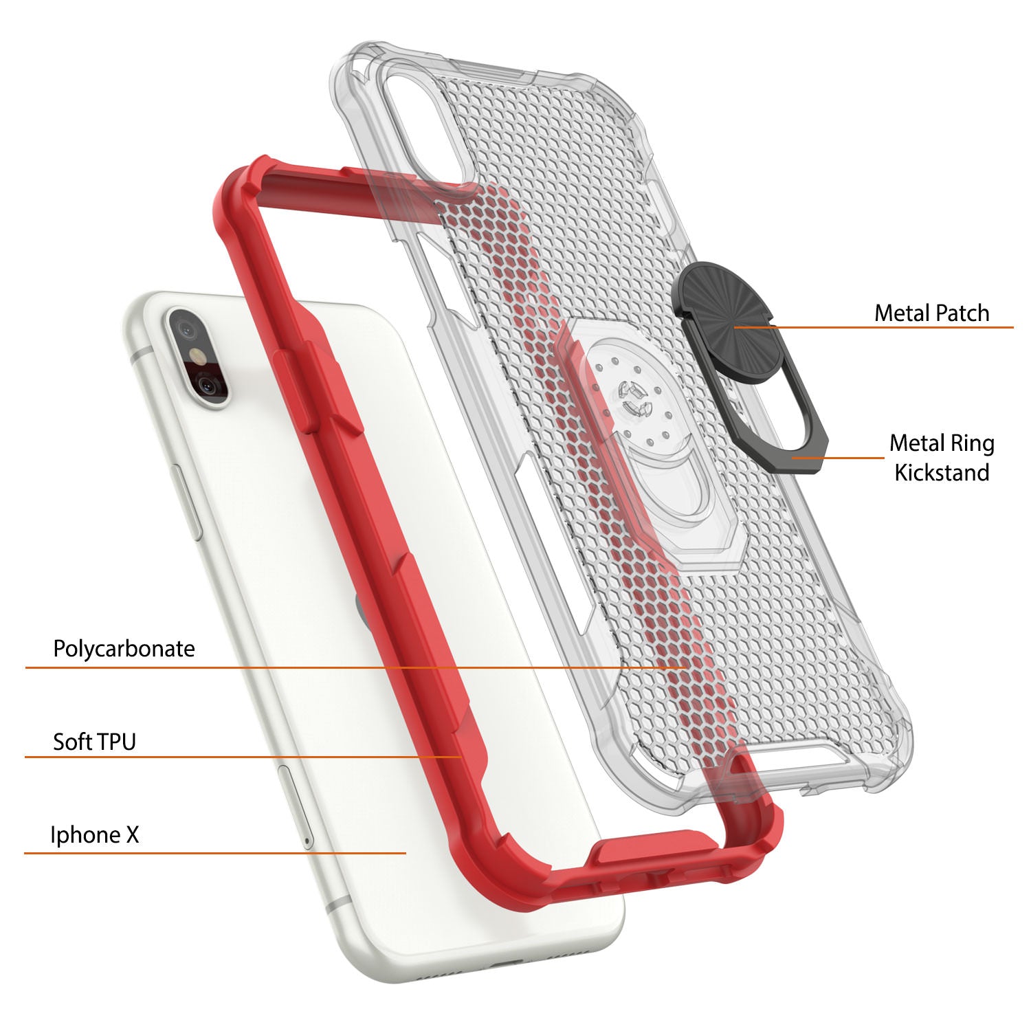 PunkCase for iPhone X Case [Magnetix 2.0 Series] Clear Protective TPU Cover W/Kickstand [Red]