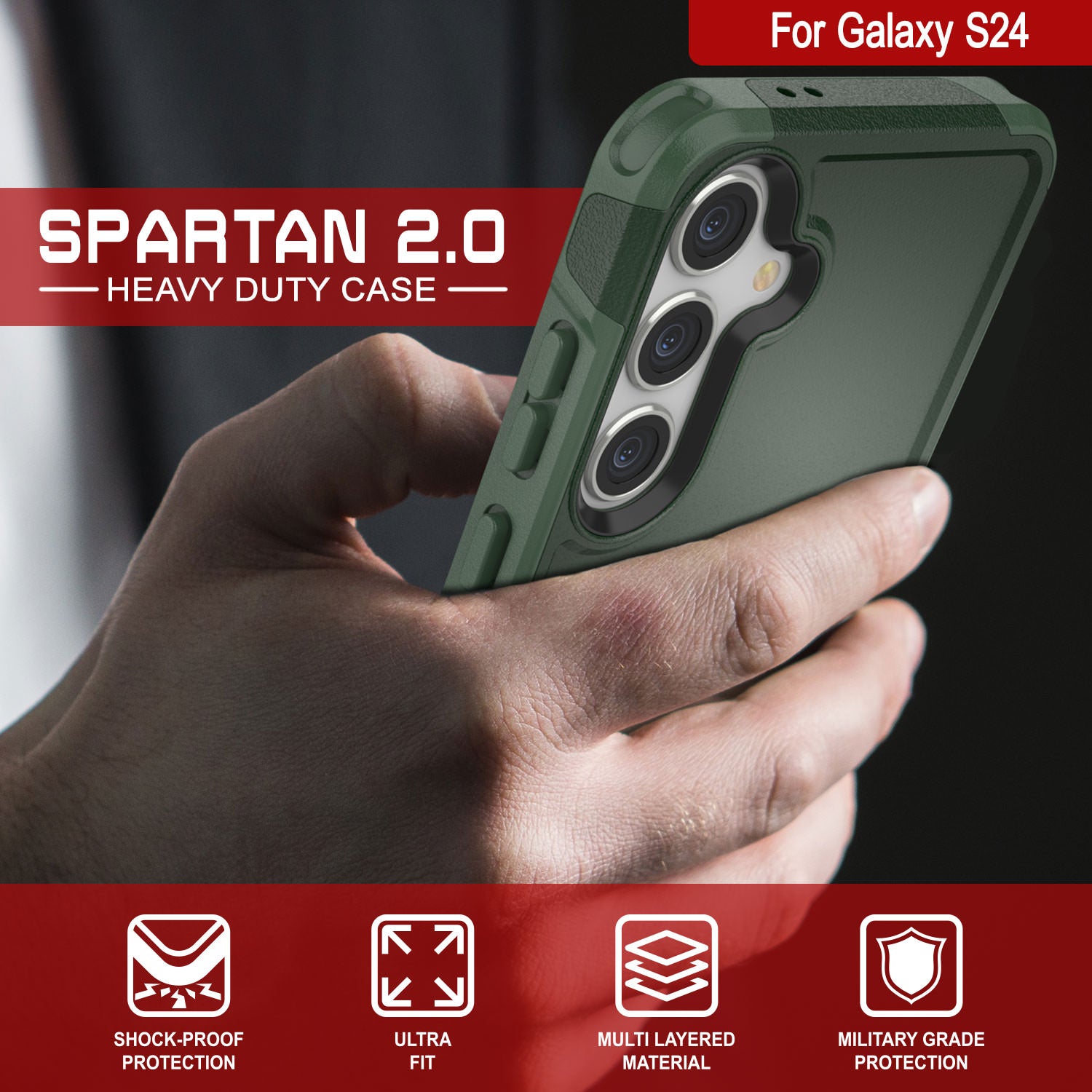 PunkCase Galaxy S24 Case, [Spartan 2.0 Series] Clear Rugged Heavy Duty Cover [Dark Green]
