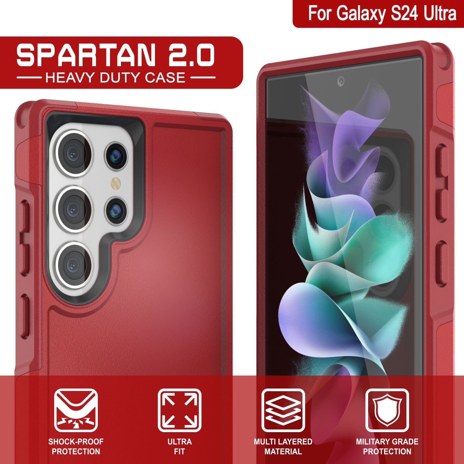 PunkCase Galaxy S24 Ultra Case, [Spartan 2.0 Series] Clear Rugged Heavy Duty Cover [Red]