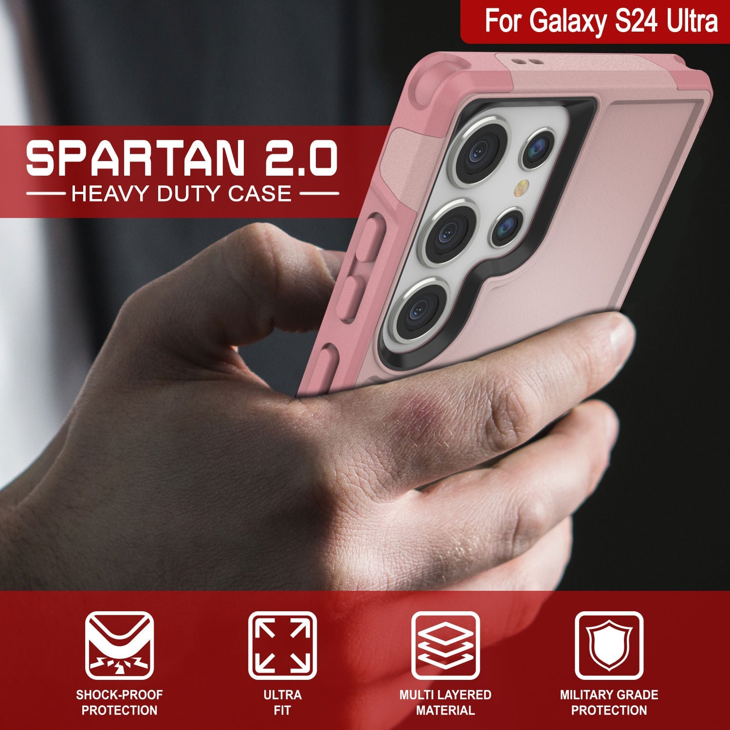 PunkCase Galaxy S24 Ultra Case, [Spartan 2.0 Series] Clear Rugged Heavy Duty Cover [Pink]