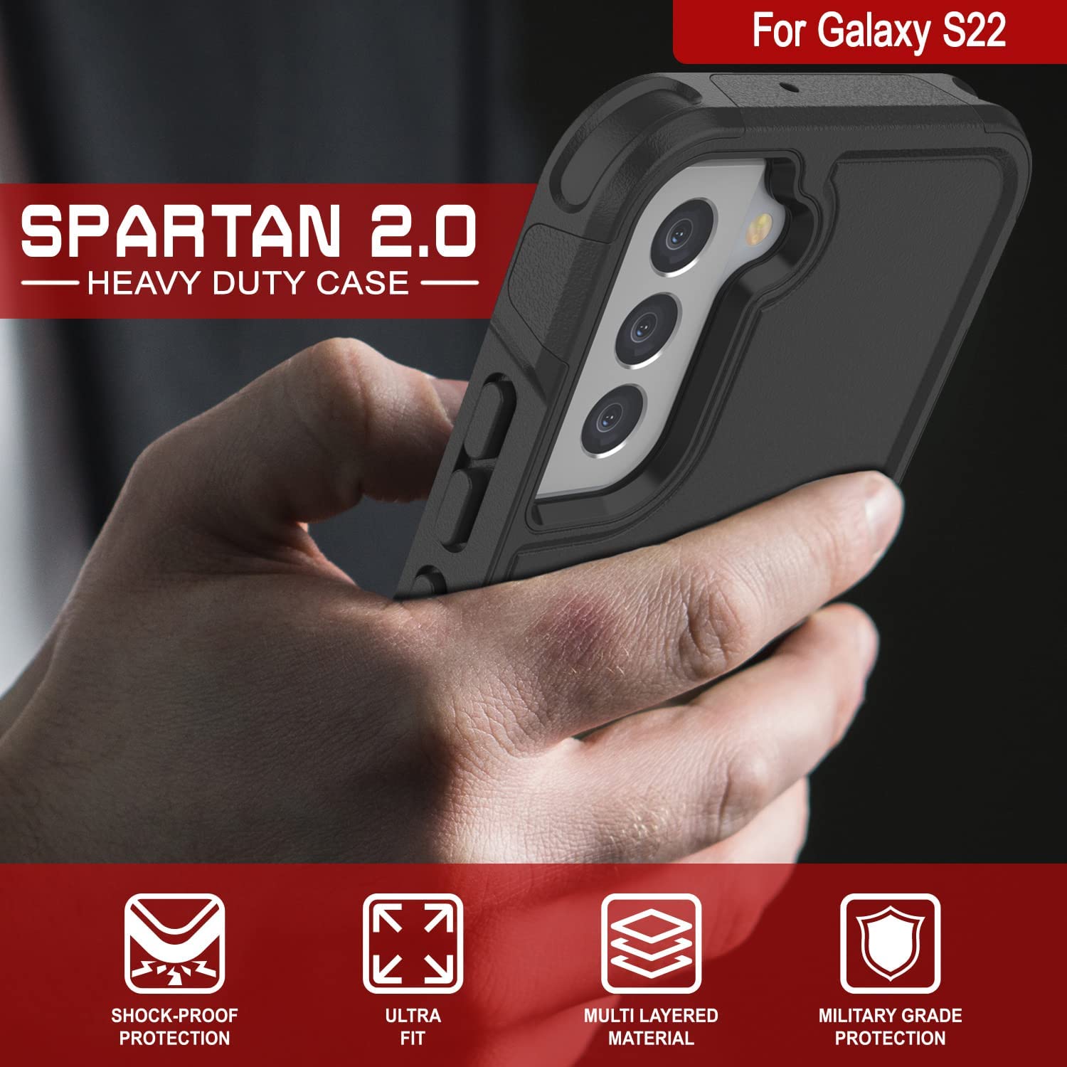 PunkCase Galaxy S22 Case, [Spartan 2.0 Series] Clear Rugged Heavy Duty Cover [Black]