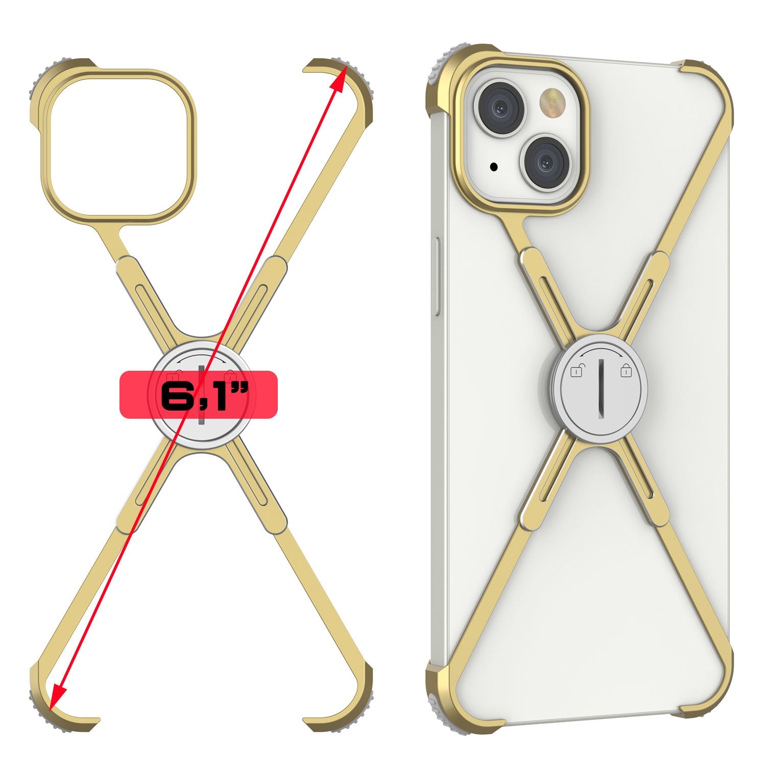 Punkcase iPhone 14 Bumper Case [Backbone Series] Ultra Slim Minimalist Aluminum Metal X-Frame Cover for iPhone 14 (2022) (6.1") [Gold]