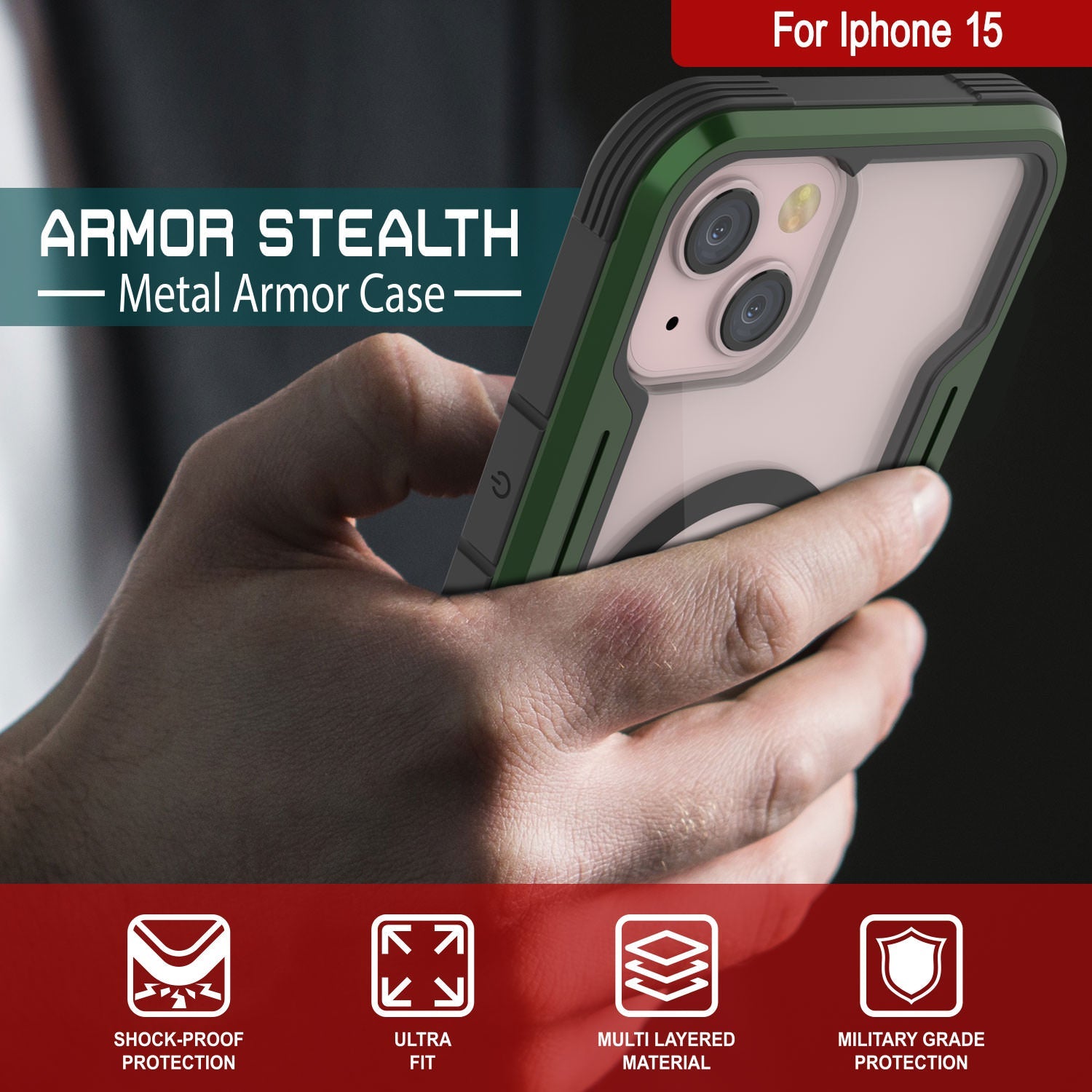 Punkcase iPhone 15 Armor Stealth MAG Defense Case Protective Military Grade Multilayer Cover [Dark Green]