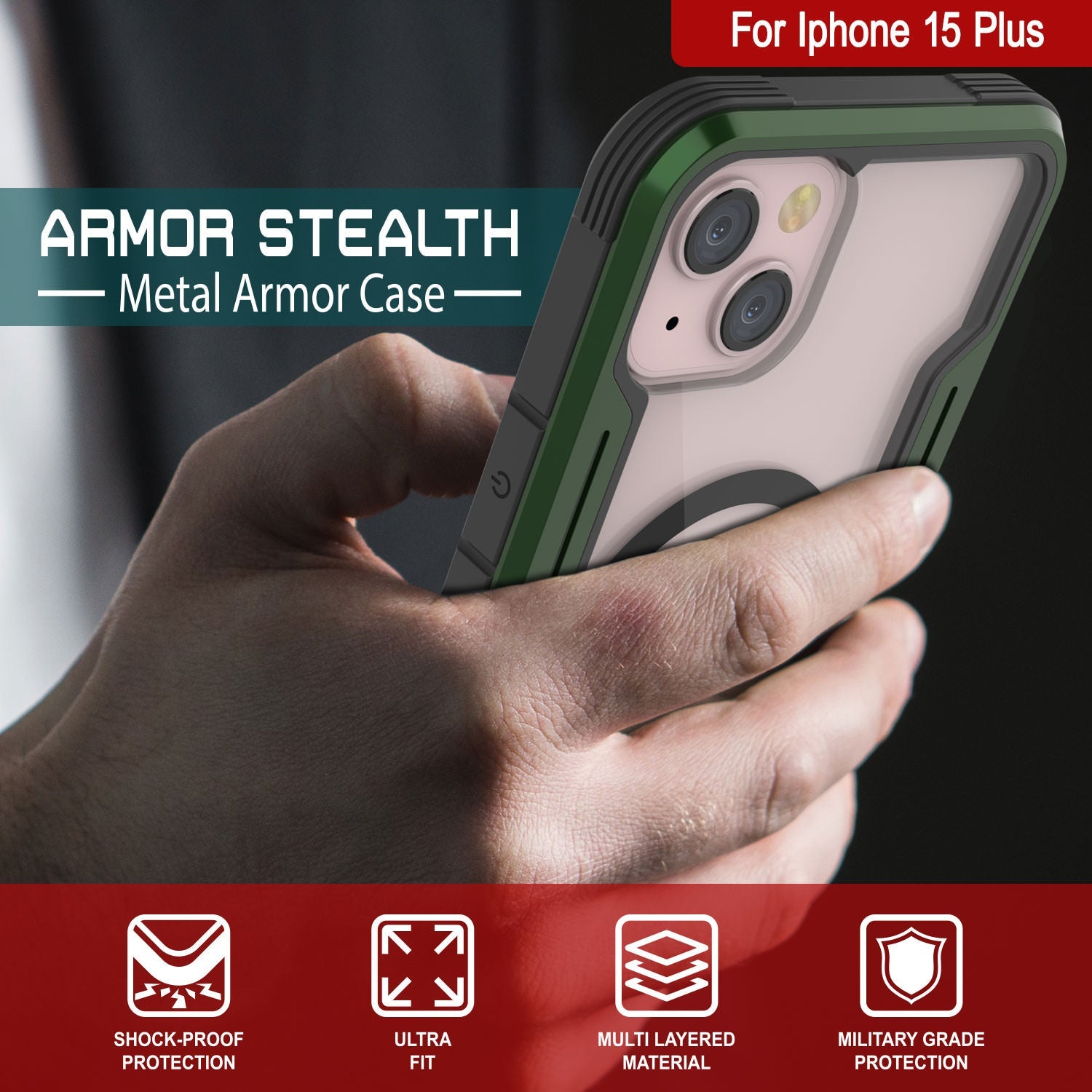 Punkcase iPhone 15 Plus Armor Stealth MAG Defense Case Protective Military Grade Multilayer Cover [Dark Green]