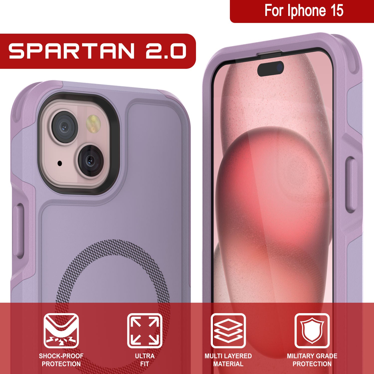 PunkCase iPhone 15 Case, [Spartan 2.0 Series] Clear Rugged Heavy Duty Cover W/Built in Screen Protector [lilac]