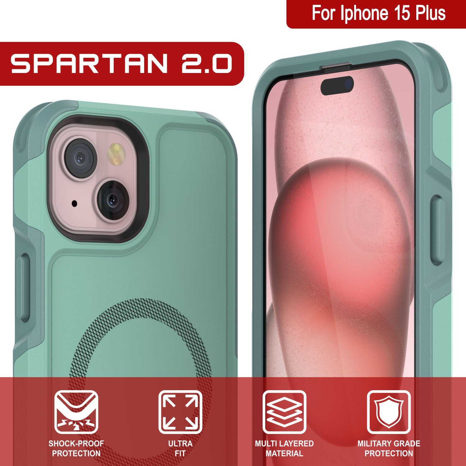 PunkCase iPhone 15 Plus Case, [Spartan 2.0 Series] Clear Rugged Heavy Duty Cover W/Built in Screen Protector [teal]