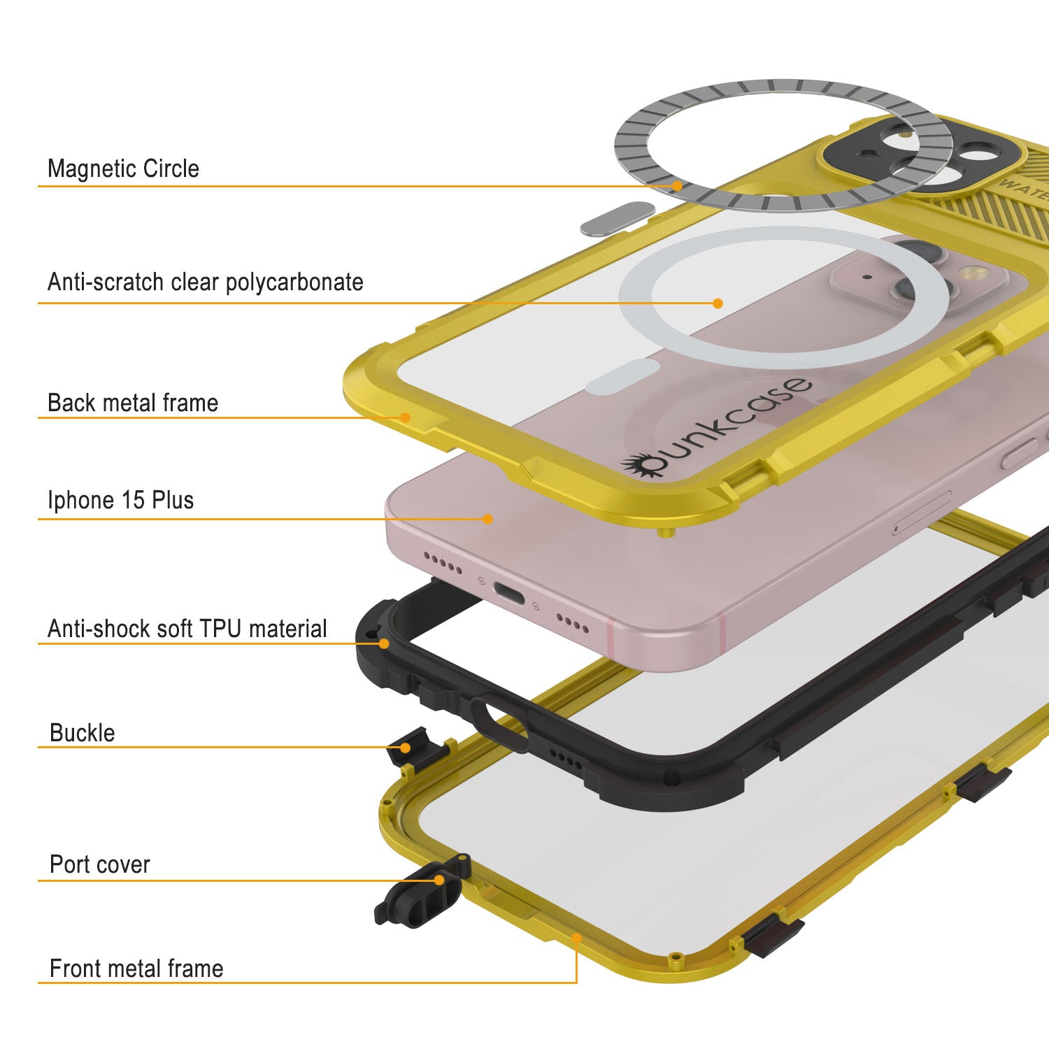 iPhone 15 Plus Metal Extreme 2.0 Series Aluminum Waterproof Case IP68 W/Buillt in Screen Protector [Yellow]