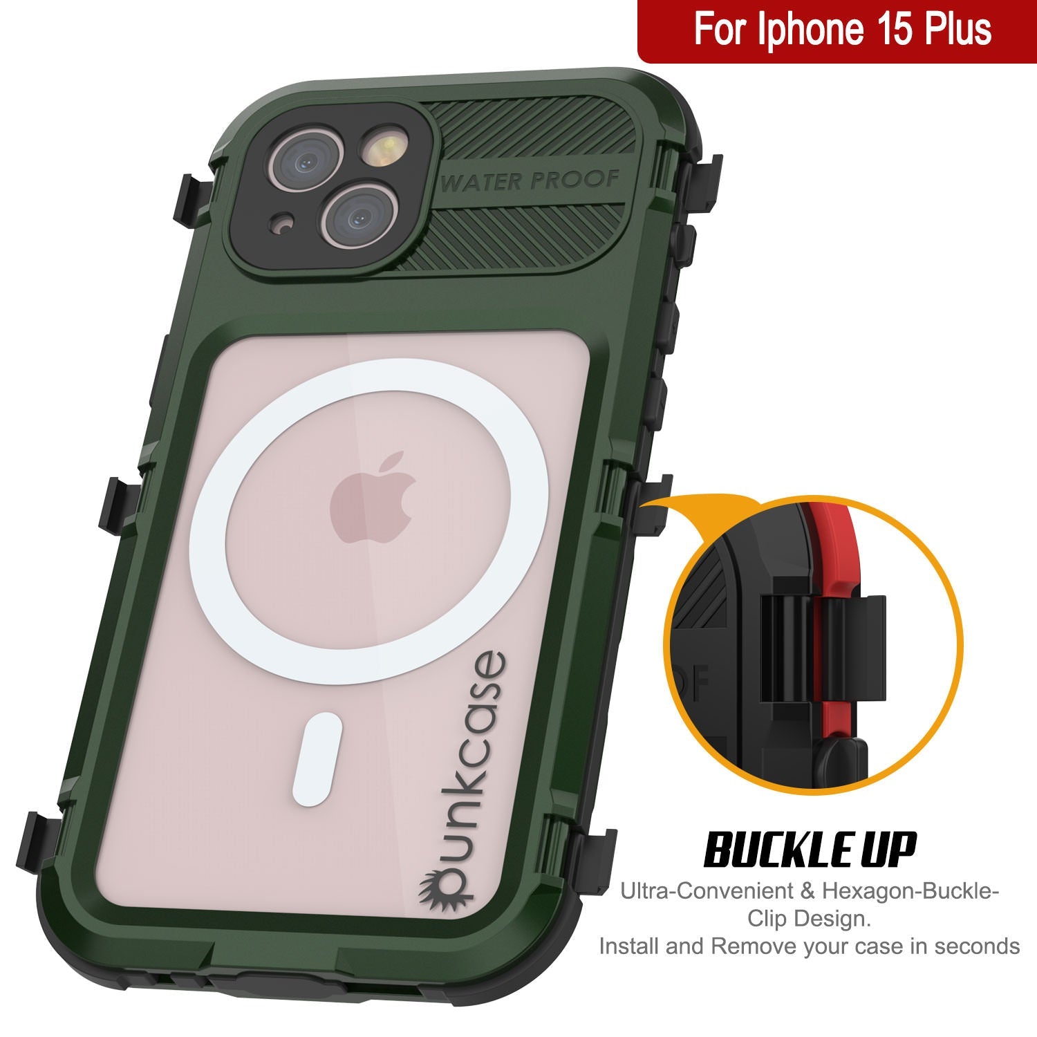 iPhone 15 Plus Metal Extreme 2.0 Series Aluminum Waterproof Case IP68 W/Buillt in Screen Protector [Dark-Green]