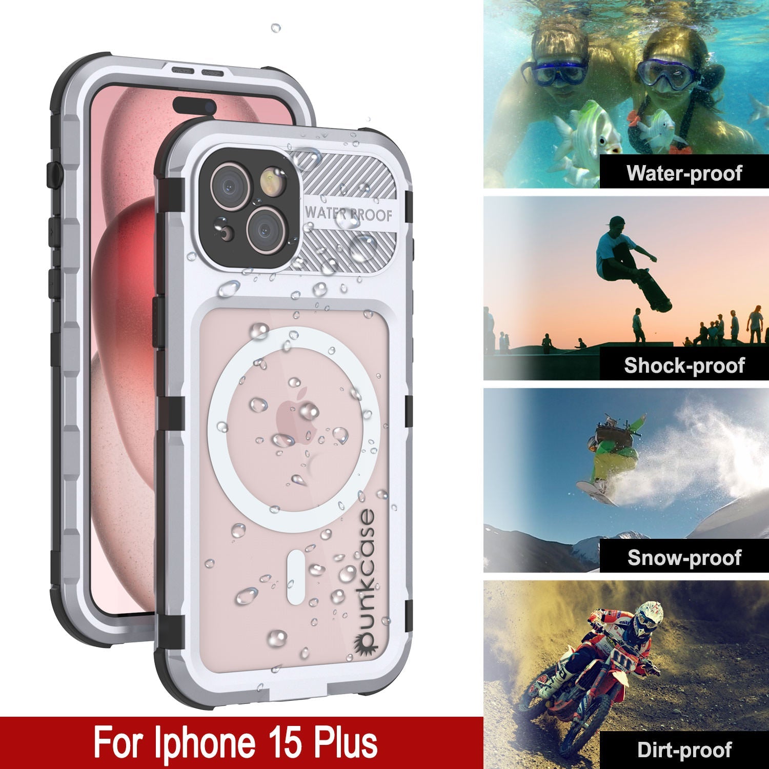 iPhone 15 Plus Metal Extreme 2.0 Series Aluminum Waterproof Case IP68 W/Buillt in Screen Protector [White]