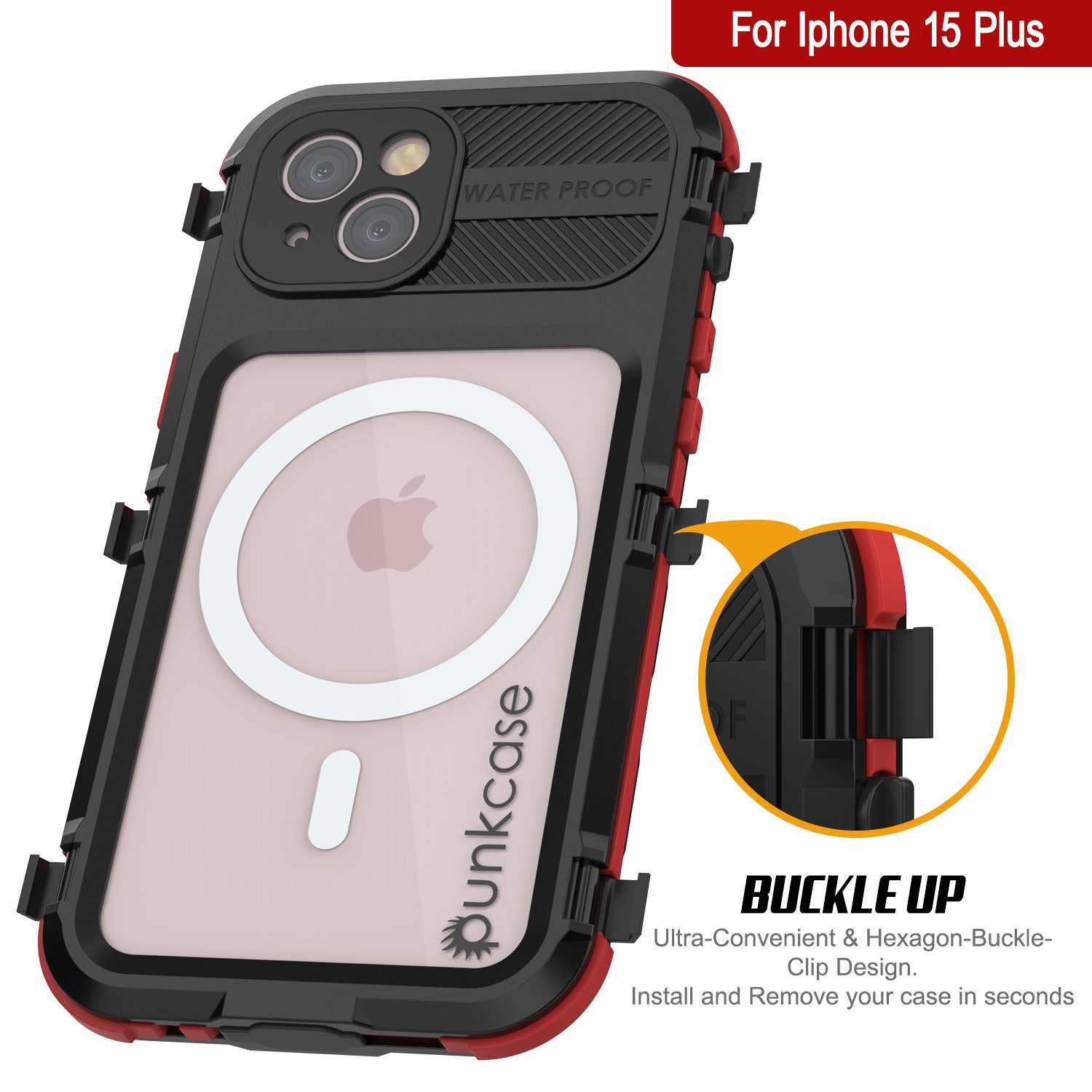 iPhone 15 Plus Metal Extreme 2.0 Series Aluminum Waterproof Case IP68 W/Buillt in Screen Protector [Black-Red]