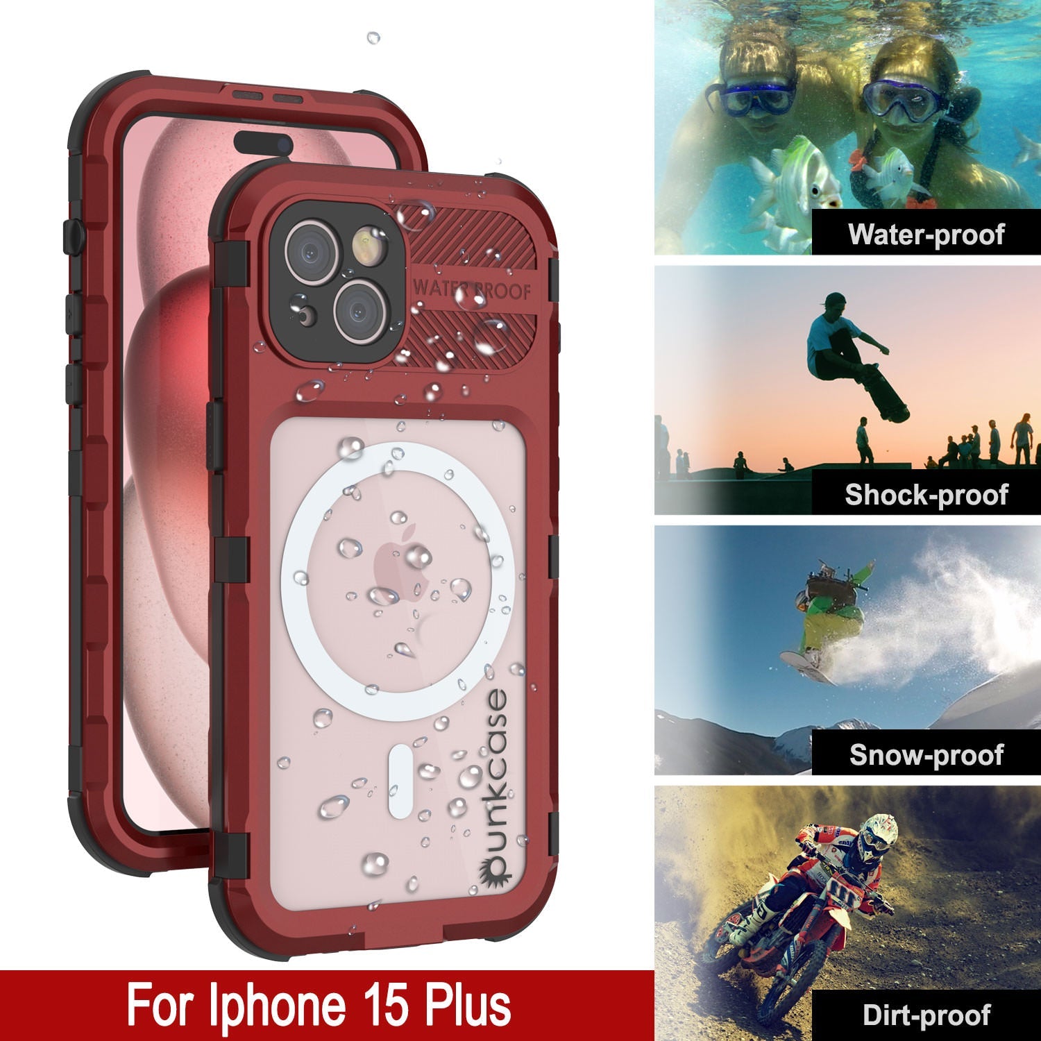 iPhone 15 Plus Metal Extreme 2.0 Series Aluminum Waterproof Case IP68 W/Buillt in Screen Protector [Red-Black]