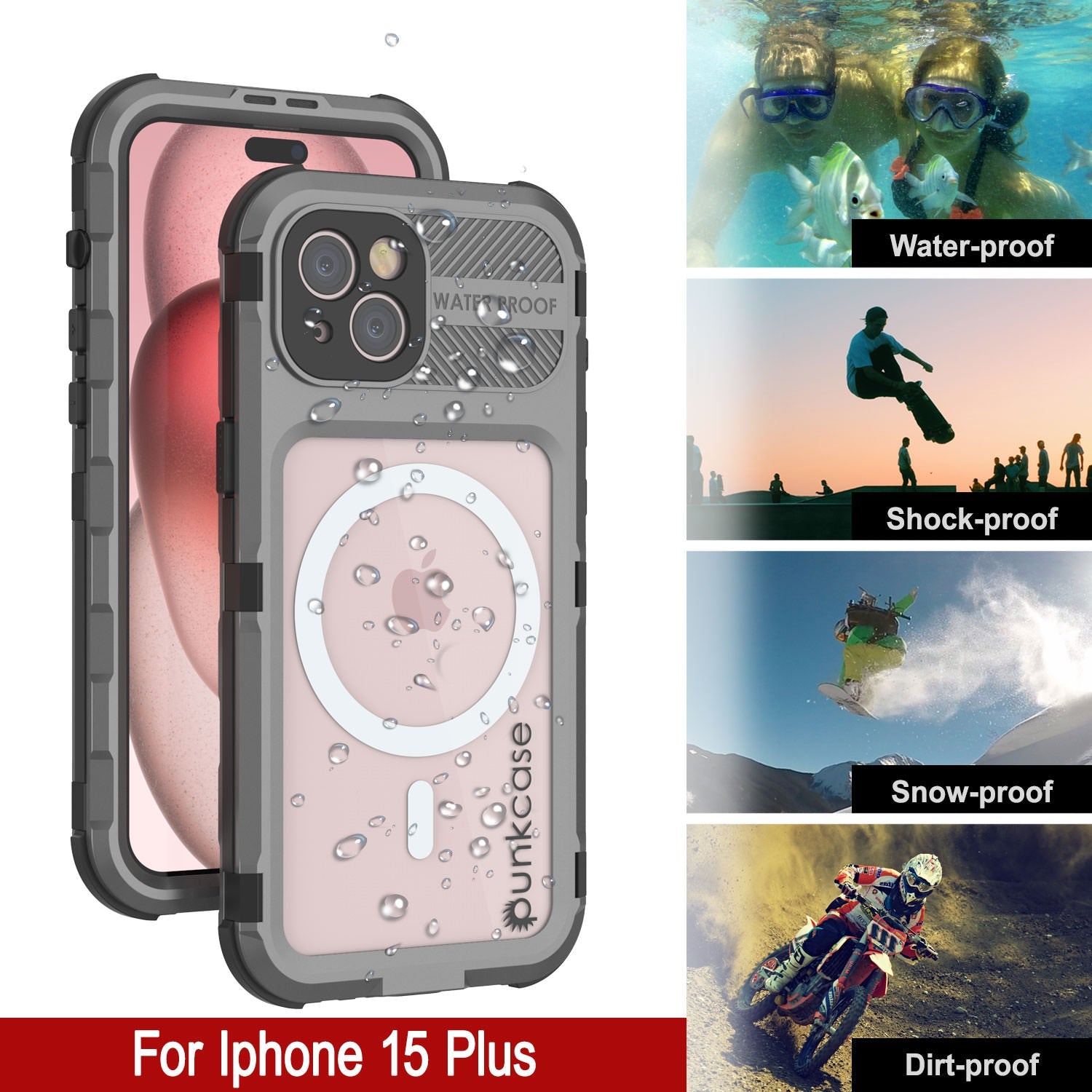 iPhone 15 Plus Metal Extreme 2.0 Series Aluminum Waterproof Case IP68 W/Buillt in Screen Protector [Silver]