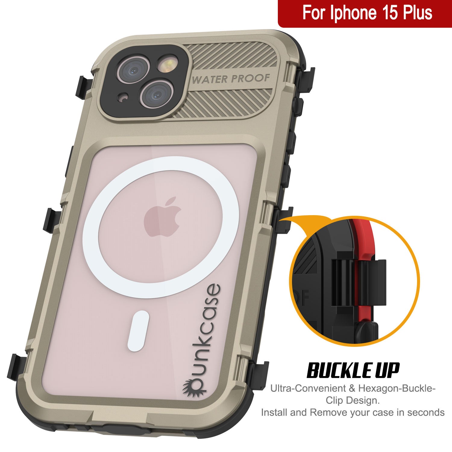 iPhone 15 Plus Metal Extreme 2.0 Series Aluminum Waterproof Case IP68 W/Buillt in Screen Protector [Gold]