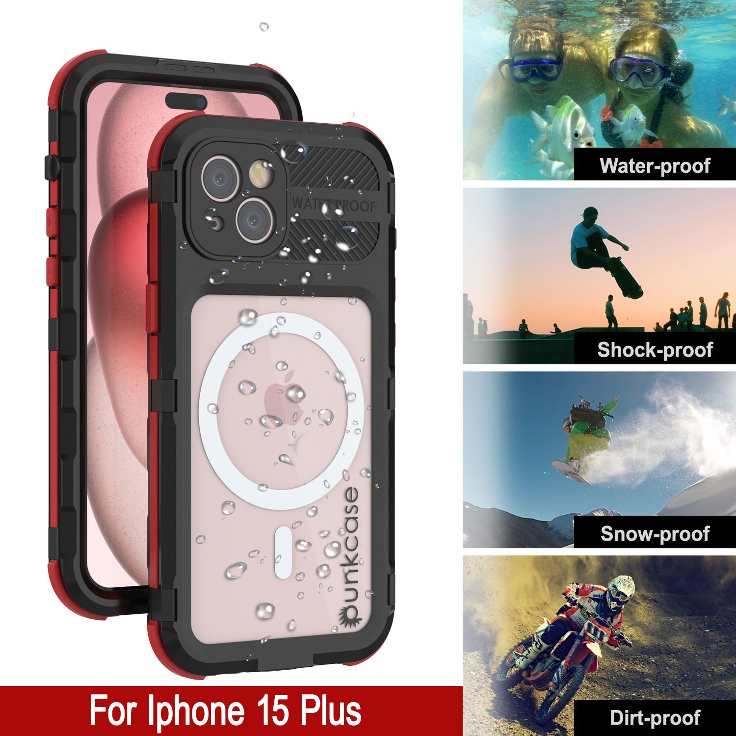 iPhone 15 Plus Metal Extreme 2.0 Series Aluminum Waterproof Case IP68 W/Buillt in Screen Protector [Black-Red]