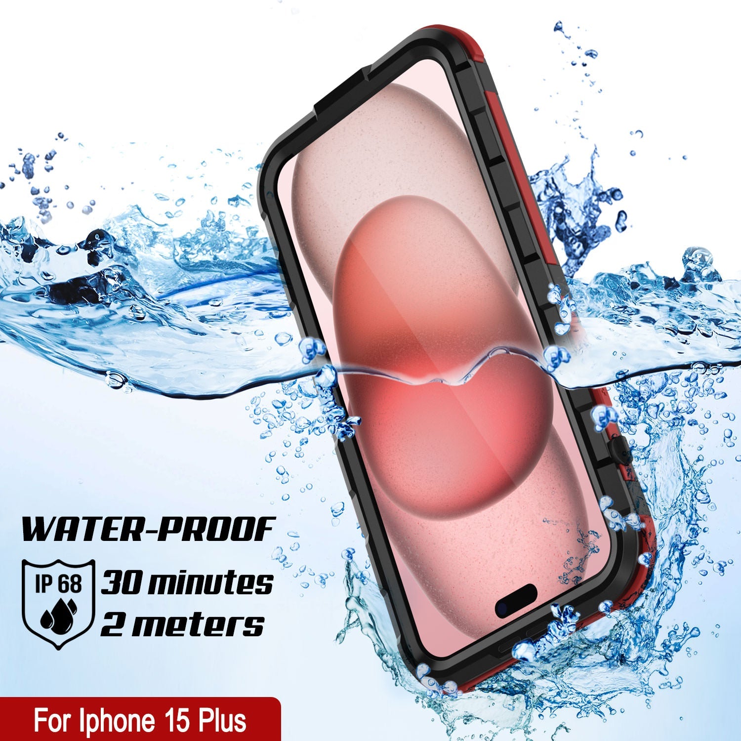 iPhone 15 Plus Metal Extreme 2.0 Series Aluminum Waterproof Case IP68 W/Buillt in Screen Protector [Black-Red]