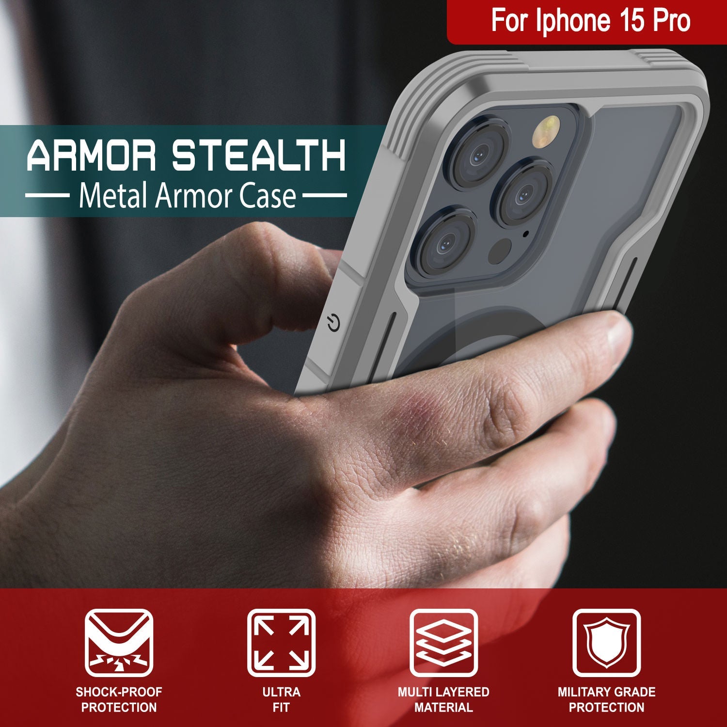 Punkcase iPhone 15 Pro Armor Stealth MAG Defense Case Protective Military Grade Multilayer Cover [Grey]