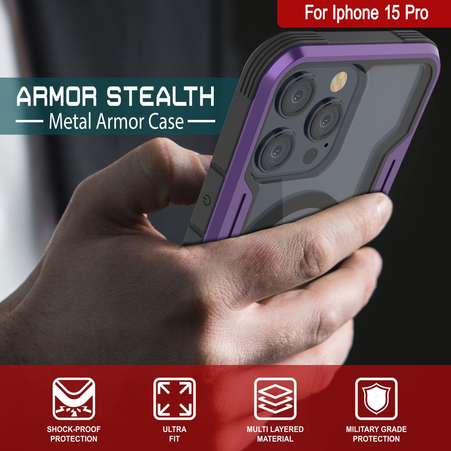 Punkcase iPhone 15 Pro Armor Stealth MAG Defense Case Protective Military Grade Multilayer Cover [Purple]