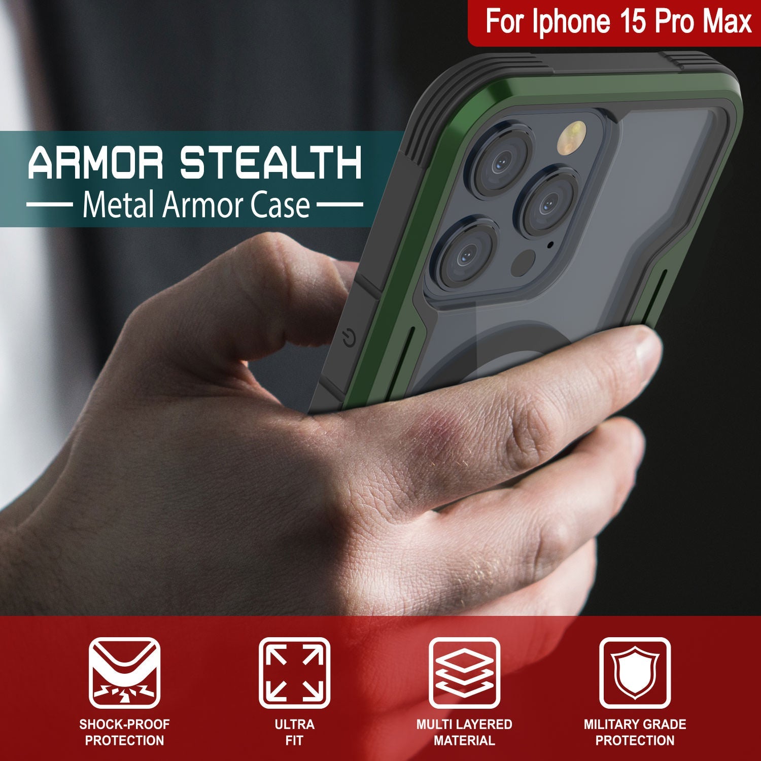 Punkcase iPhone 15 Pro Max Armor Stealth MAG Defense Case Protective Military Grade Multilayer Cover [Dark Green]