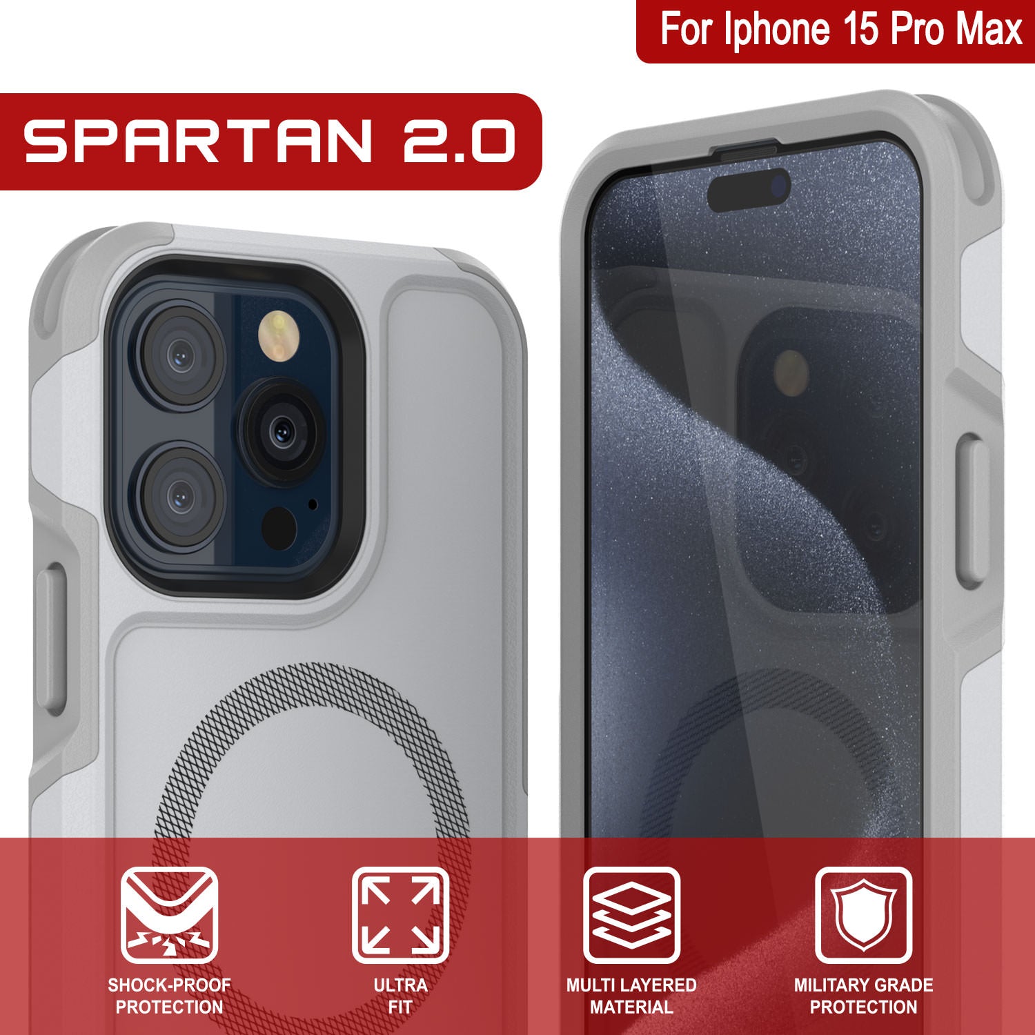 PunkCase iPhone 15 Pro Max Case, [Spartan 2.0 Series] Clear Rugged Heavy Duty Cover W/Built in Screen Protector [white]