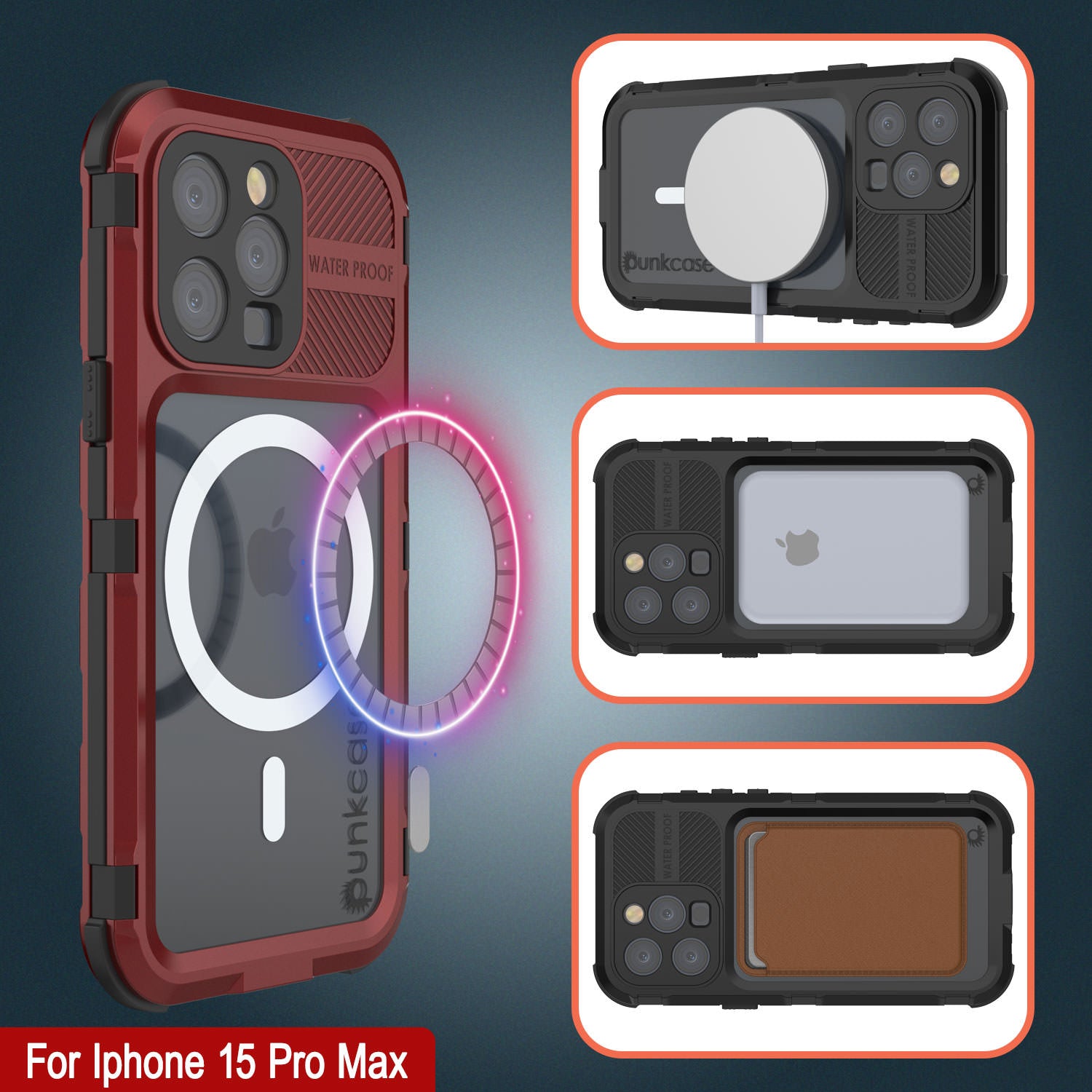 iPhone 15 Pro Max Metal Extreme 2.0 Series Aluminum Waterproof Case IP68 W/Buillt in Screen Protector [Red-Black]