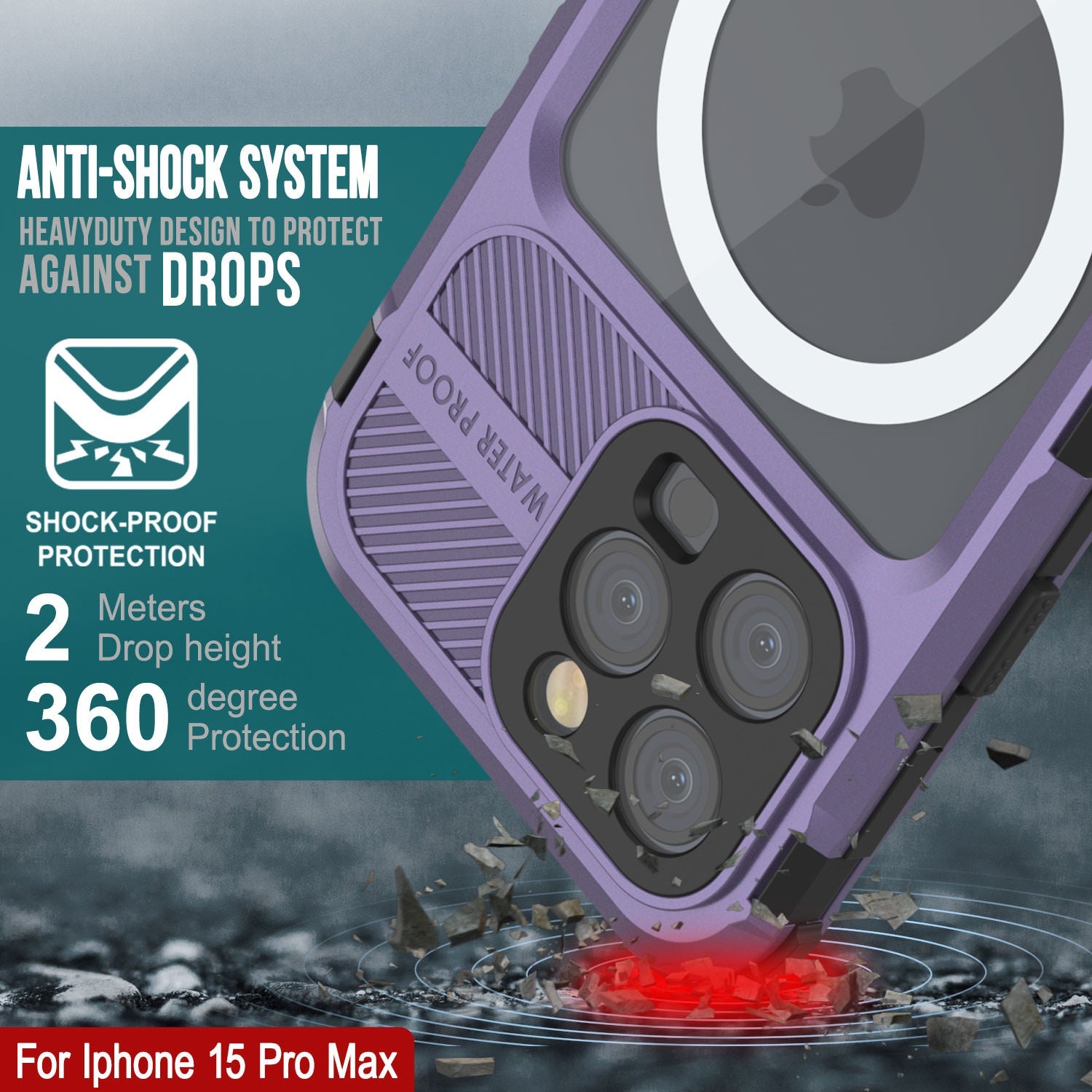 iPhone 15 Pro Max Metal Extreme 2.0 Series Aluminum Waterproof Case IP68 W/Buillt in Screen Protector [Purple]