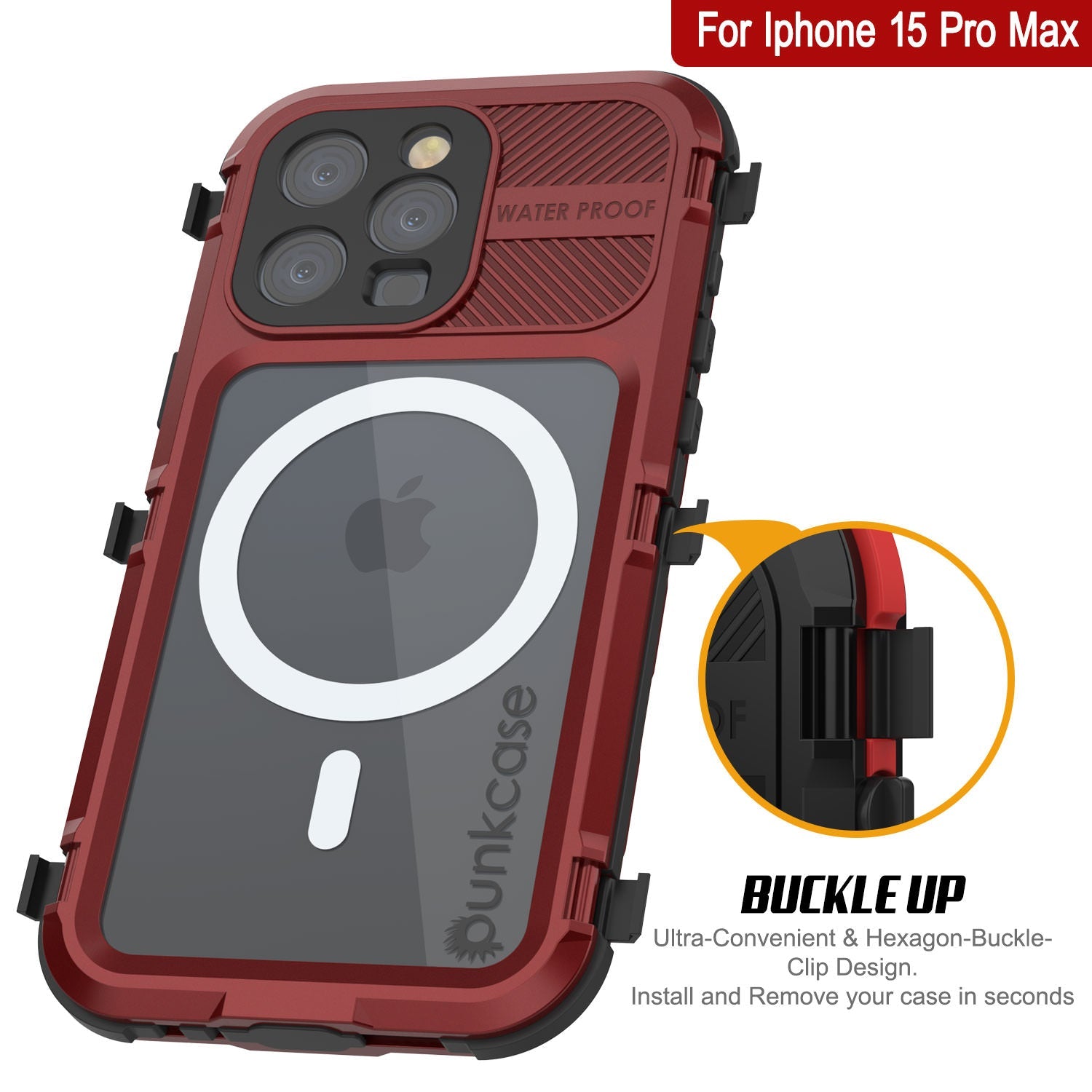 iPhone 15 Pro Max Metal Extreme 2.0 Series Aluminum Waterproof Case IP68 W/Buillt in Screen Protector [Red-Black]