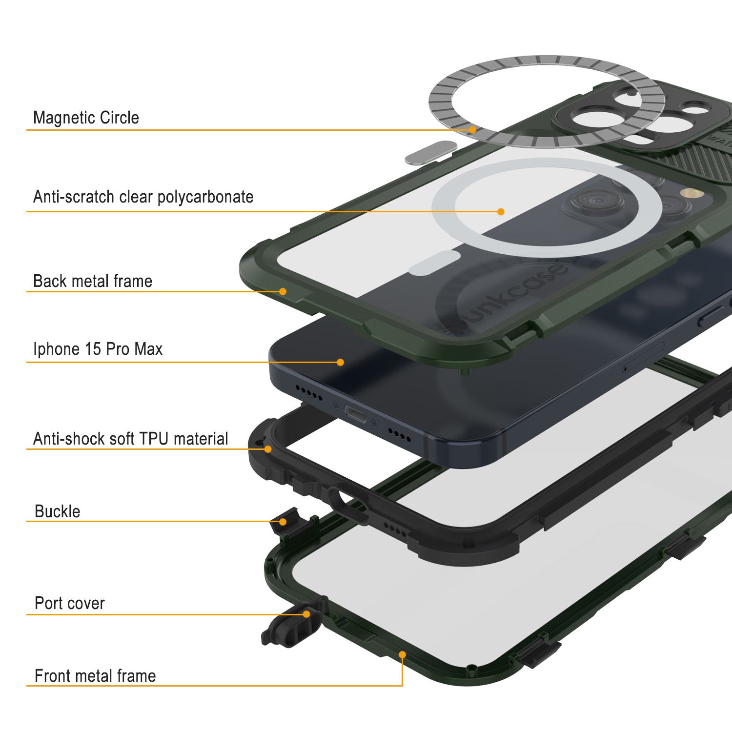 iPhone 15 Pro Max Metal Extreme 2.0 Series Aluminum Waterproof Case IP68 W/Buillt in Screen Protector [Dark Green]