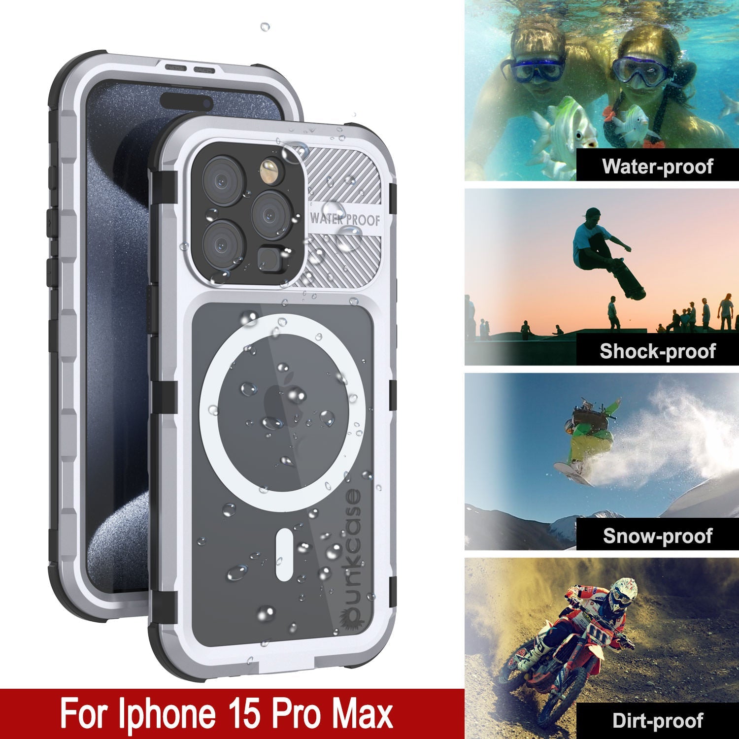 iPhone 15 Pro Max Metal Extreme 2.0 Series Aluminum Waterproof Case IP68 W/Buillt in Screen Protector [White]