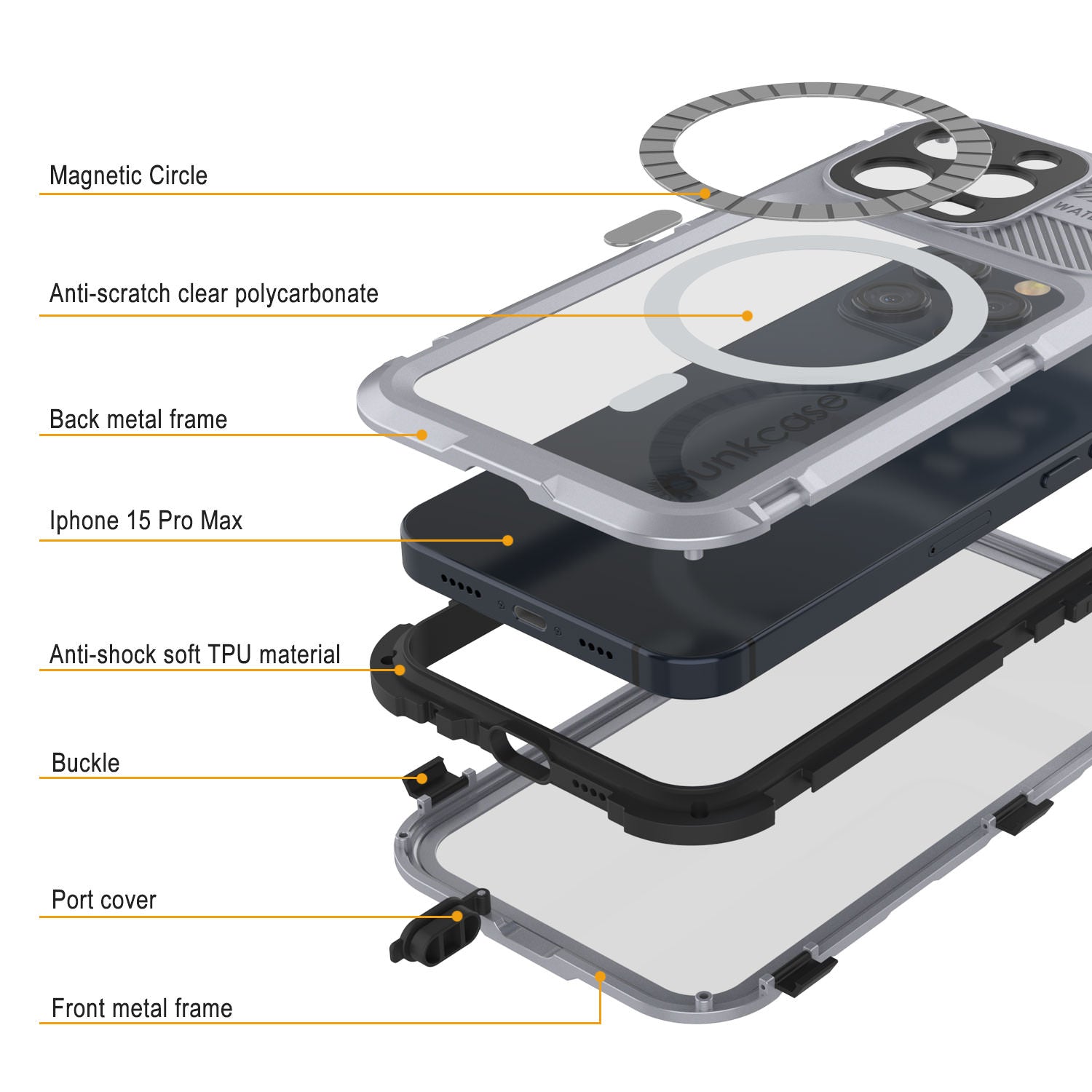 iPhone 15 Pro Max Metal Extreme 2.0 Series Aluminum Waterproof Case IP68 W/Buillt in Screen Protector [White]