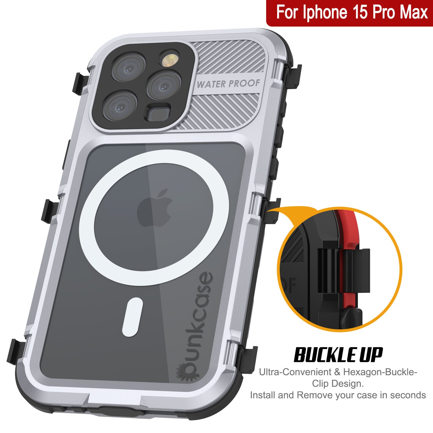 iPhone 15 Pro Max Metal Extreme 2.0 Series Aluminum Waterproof Case IP68 W/Buillt in Screen Protector [White]