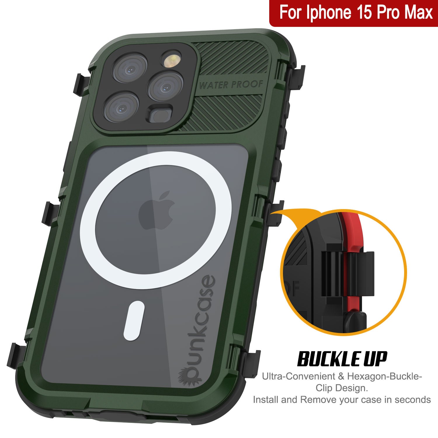 iPhone 15 Pro Max Metal Extreme 2.0 Series Aluminum Waterproof Case IP68 W/Buillt in Screen Protector [Dark Green]