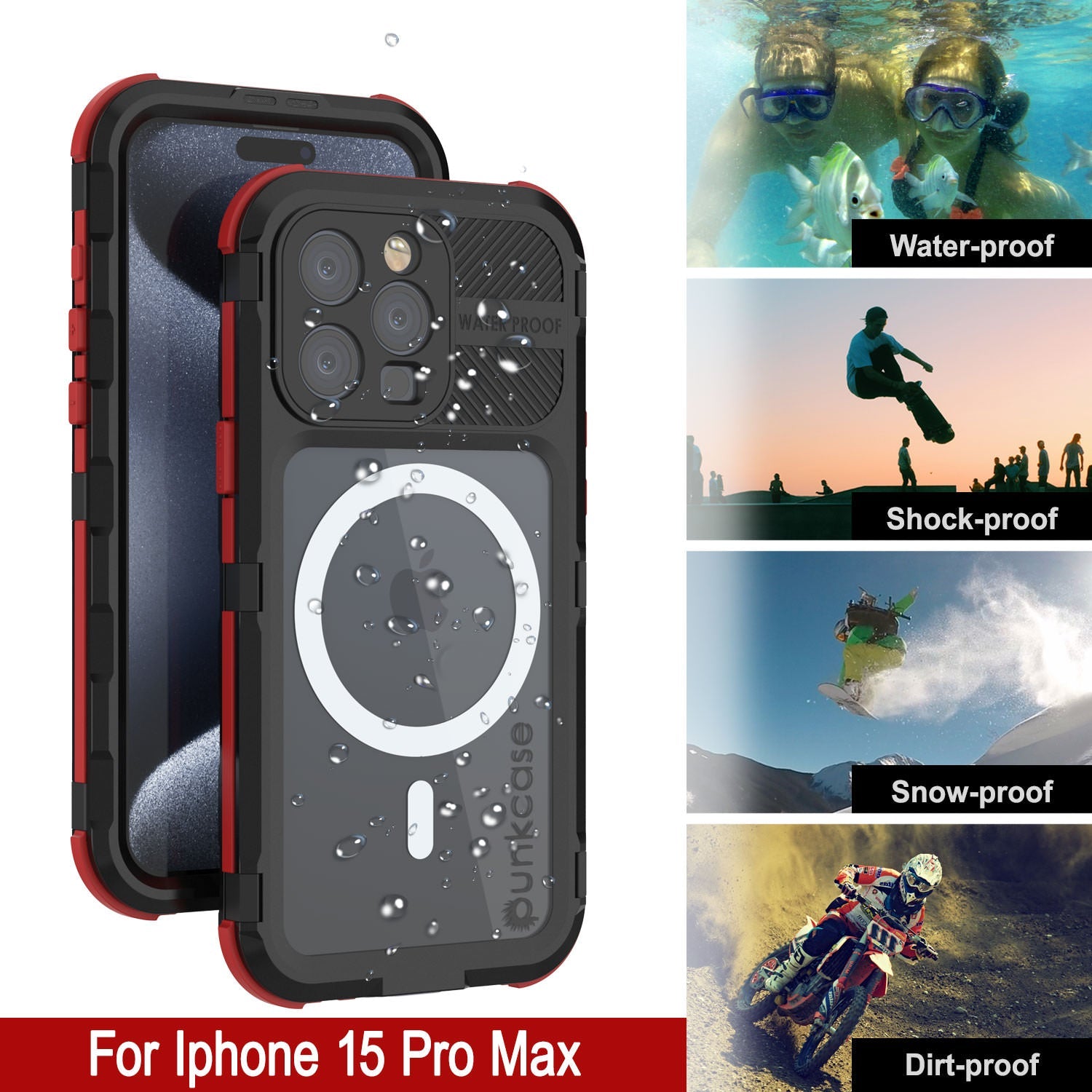 iPhone 15 Pro Max Metal Extreme 2.0 Series Aluminum Waterproof Case IP68 W/Buillt in Screen Protector [Black-Red]