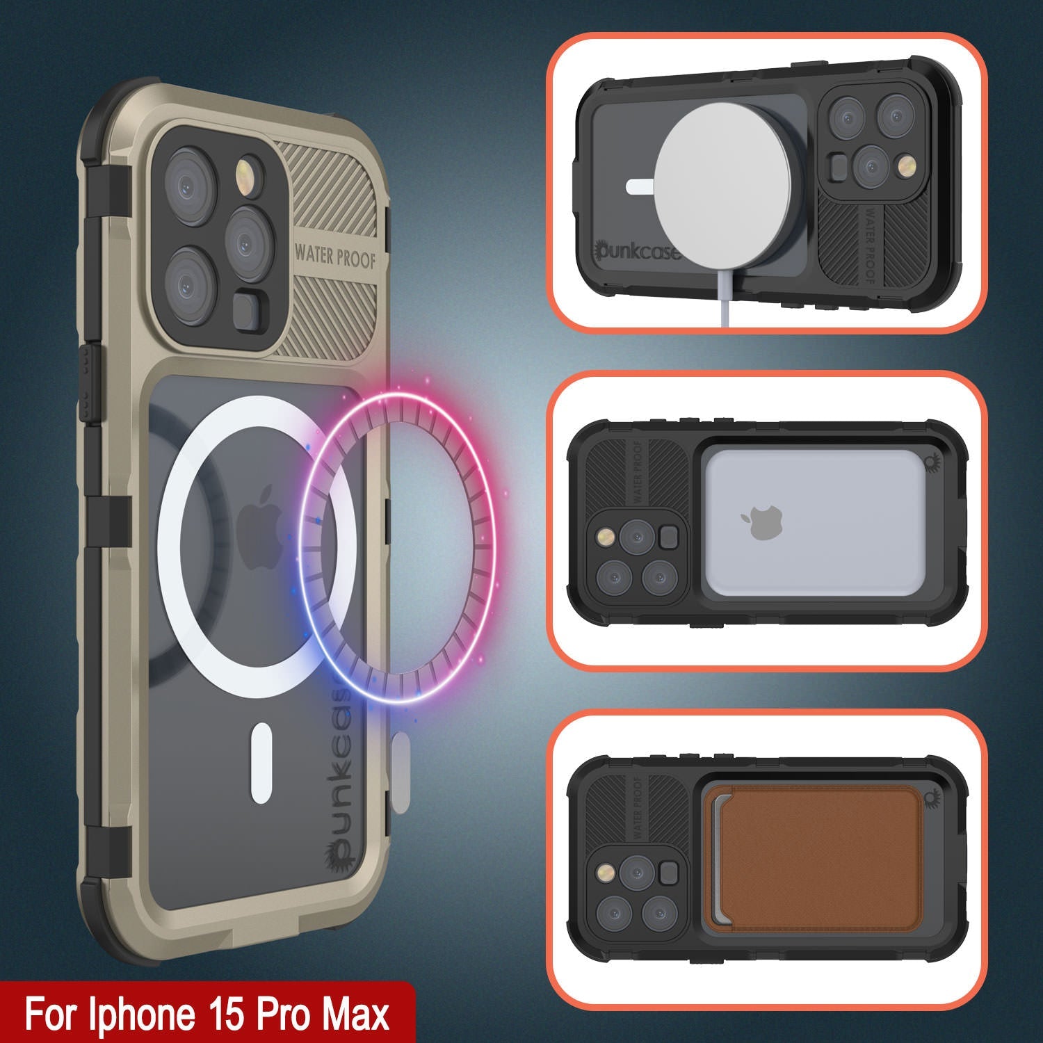 iPhone 15 Pro Max Metal Extreme 2.0 Series Aluminum Waterproof Case IP68 W/Buillt in Screen Protector [Gold]