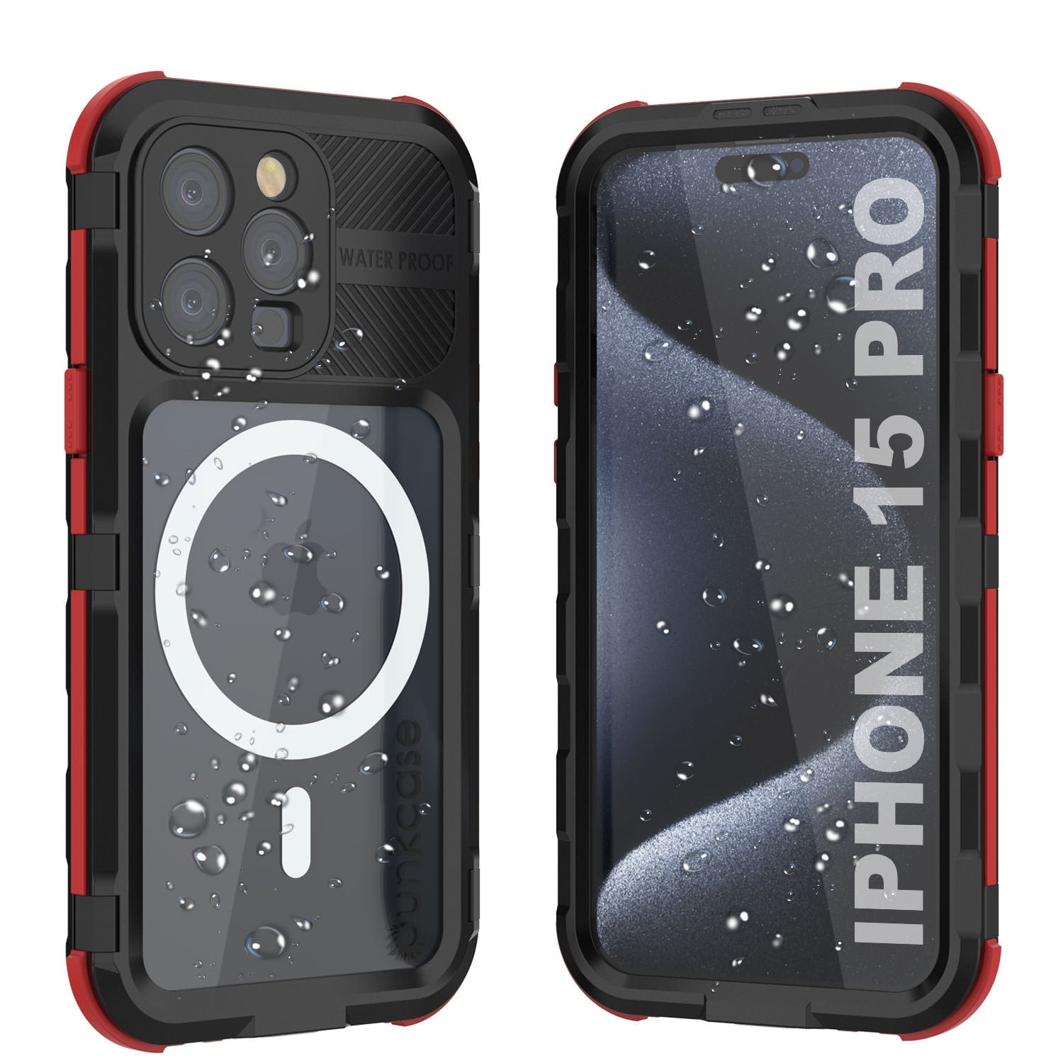 iPhone 15 Pro Metal Extreme 2.0 Series Aluminum Waterproof Case IP68 W/Buillt in Screen Protector [Black-Red]