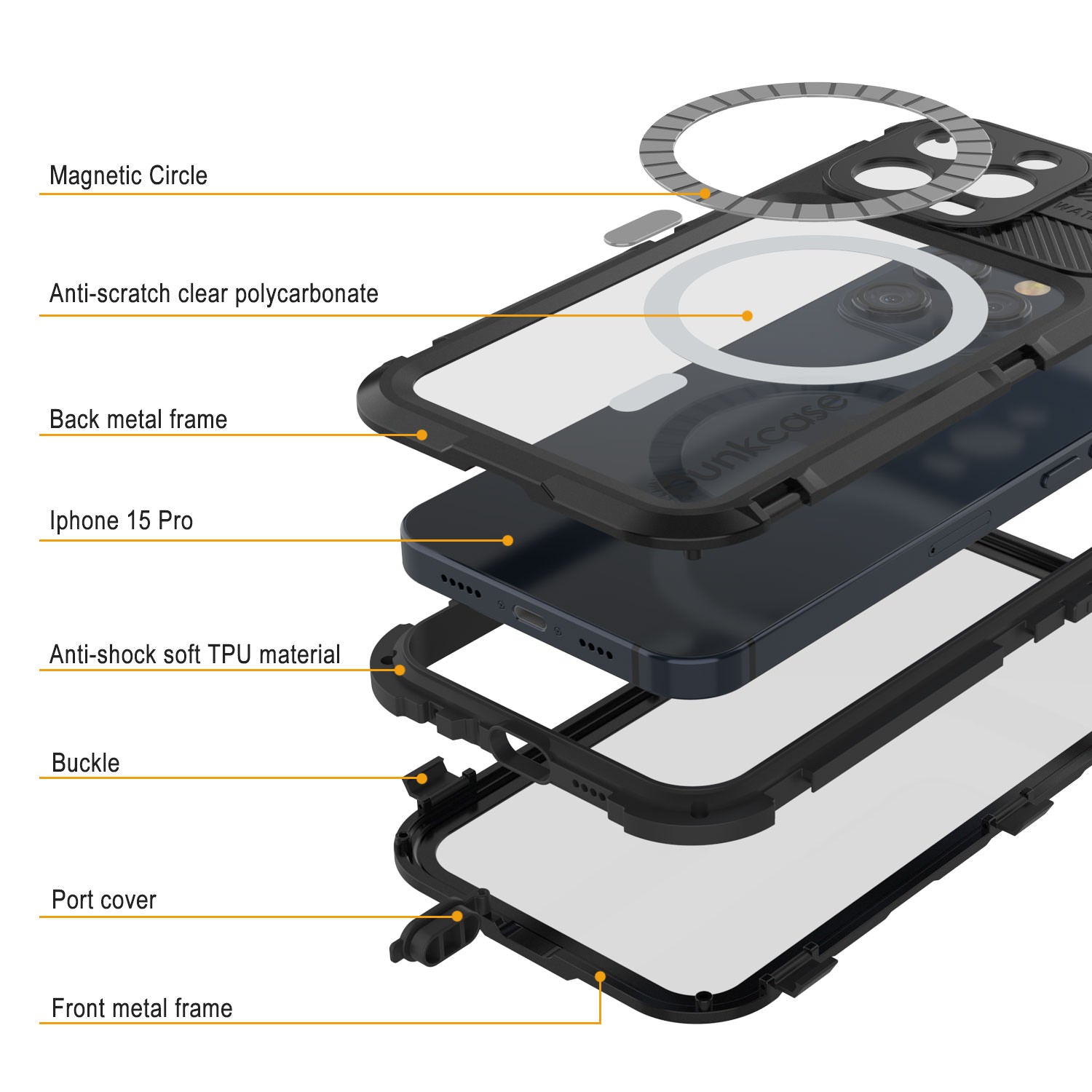 iPhone 15 Pro Metal Extreme 2.0 Series Aluminum Waterproof Case IP68 W/Buillt in Screen Protector [Black]
