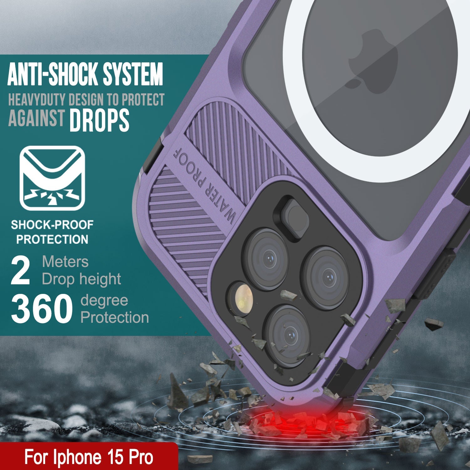 iPhone 15 Pro Metal Extreme 2.0 Series Aluminum Waterproof Case IP68 W/Buillt in Screen Protector [Purple]