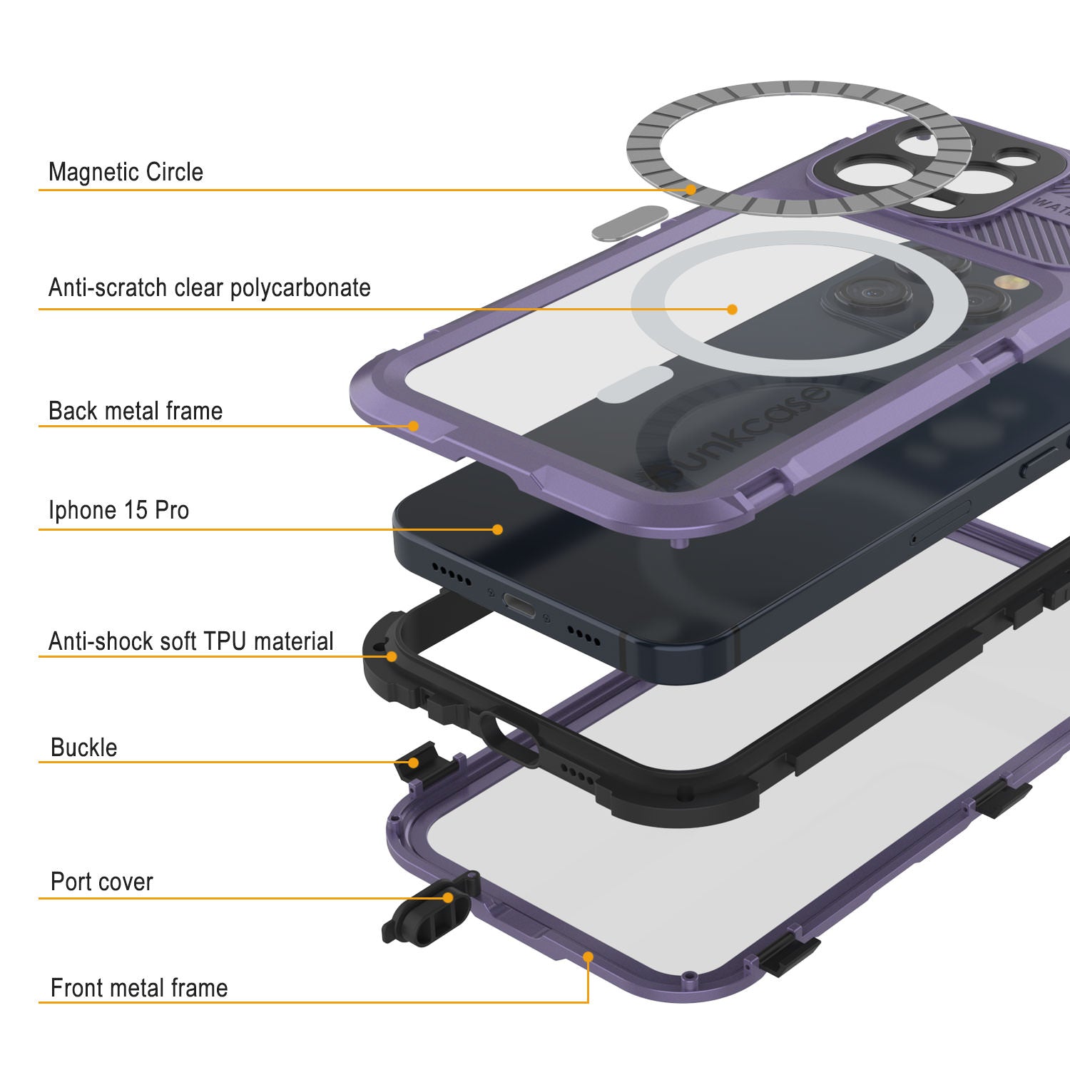 iPhone 15 Pro Metal Extreme 2.0 Series Aluminum Waterproof Case IP68 W/Buillt in Screen Protector [Purple]