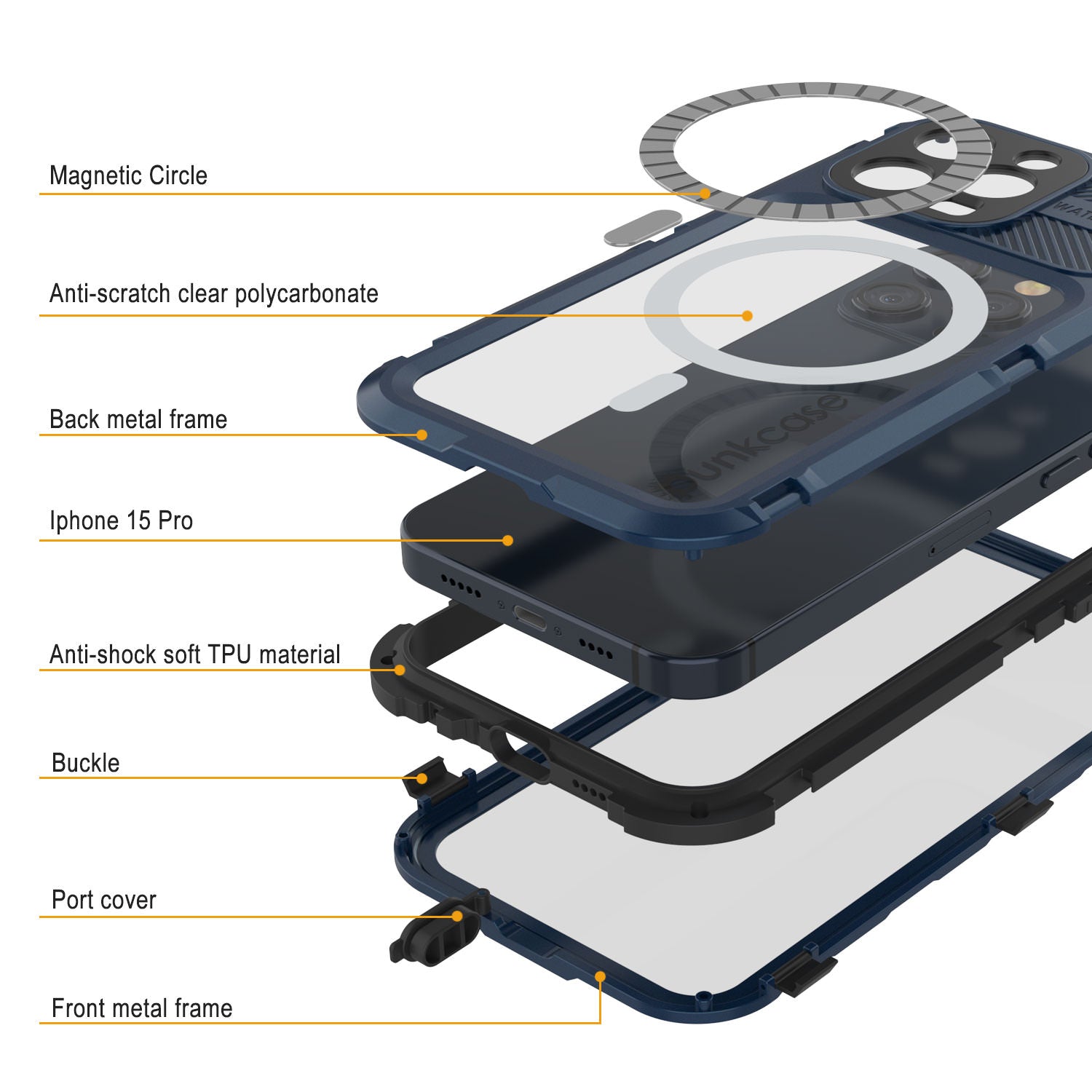 iPhone 15 Pro Metal Extreme 2.0 Series Aluminum Waterproof Case IP68 W/Buillt in Screen Protector [Blue]